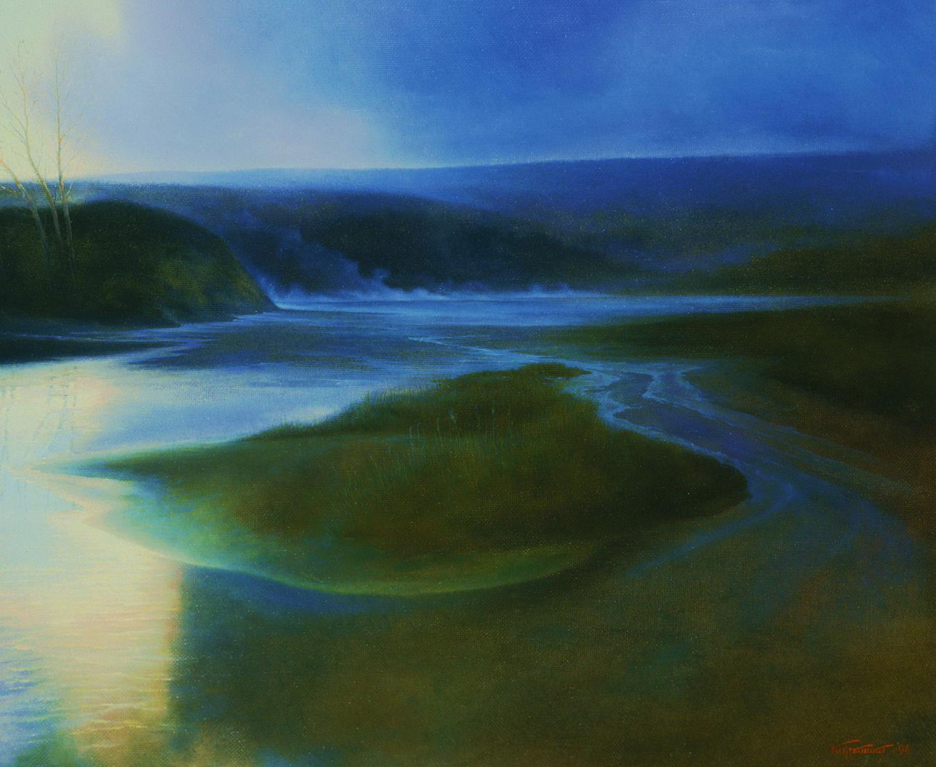 Serene Before the Storm oil painting by Vasily Korkishko, blue river landscape