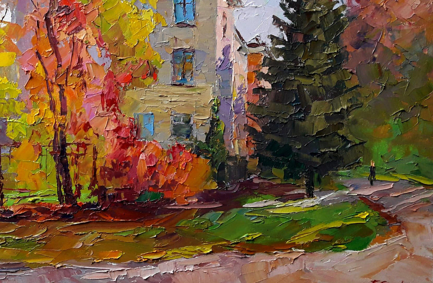 Vibrant impressionist autumn cityscape oil painting by Boris Serdyuk