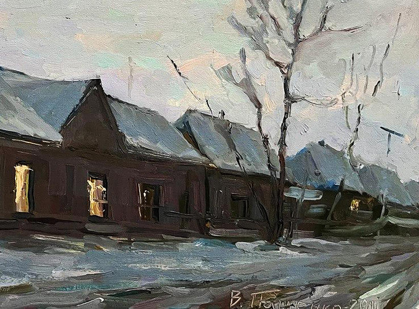 Oil painting Snowy street by Volodymyr Pashchenko snowy houses