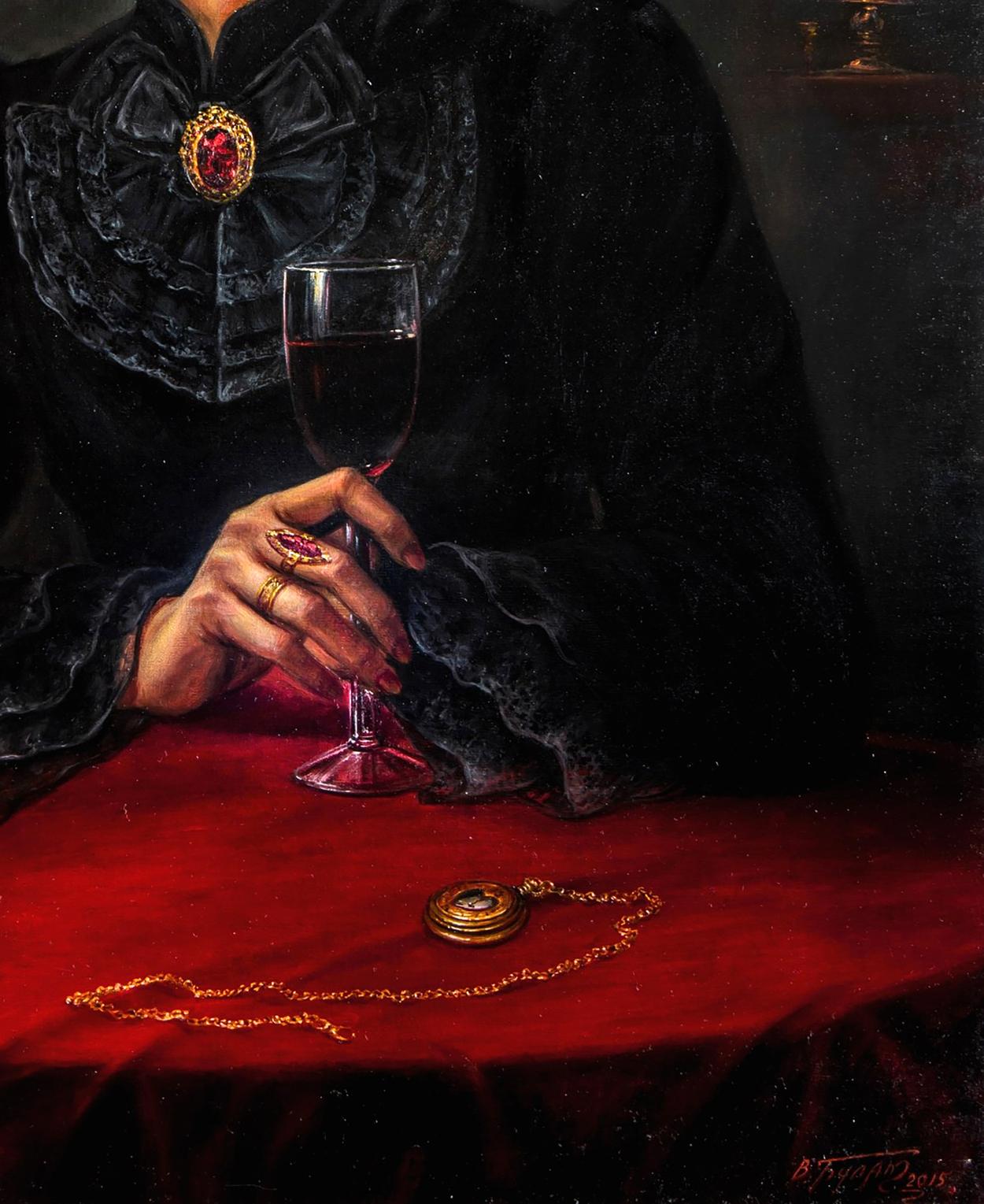 Oil painting of gold pocket watch on red velvet by Valeriy Bulat