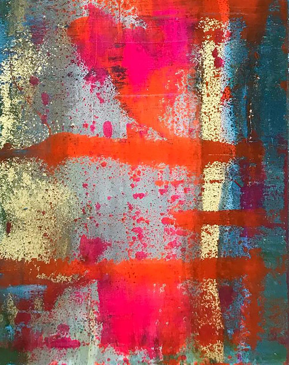 Holiday vibrant abstract canvas with magenta, orange, teal splashes on gray texture