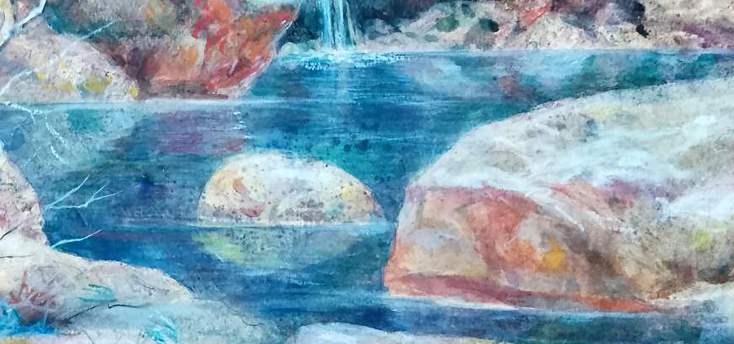 Oil painting of lake in mountains by Vitaly Duhnevich, earthy rock in blue water