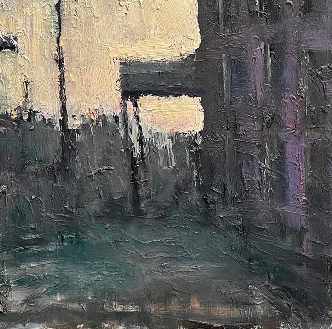 Oil painting Old town by Volodymyr Pashchenko: abstract impasto alley in grays, purples, yellow light