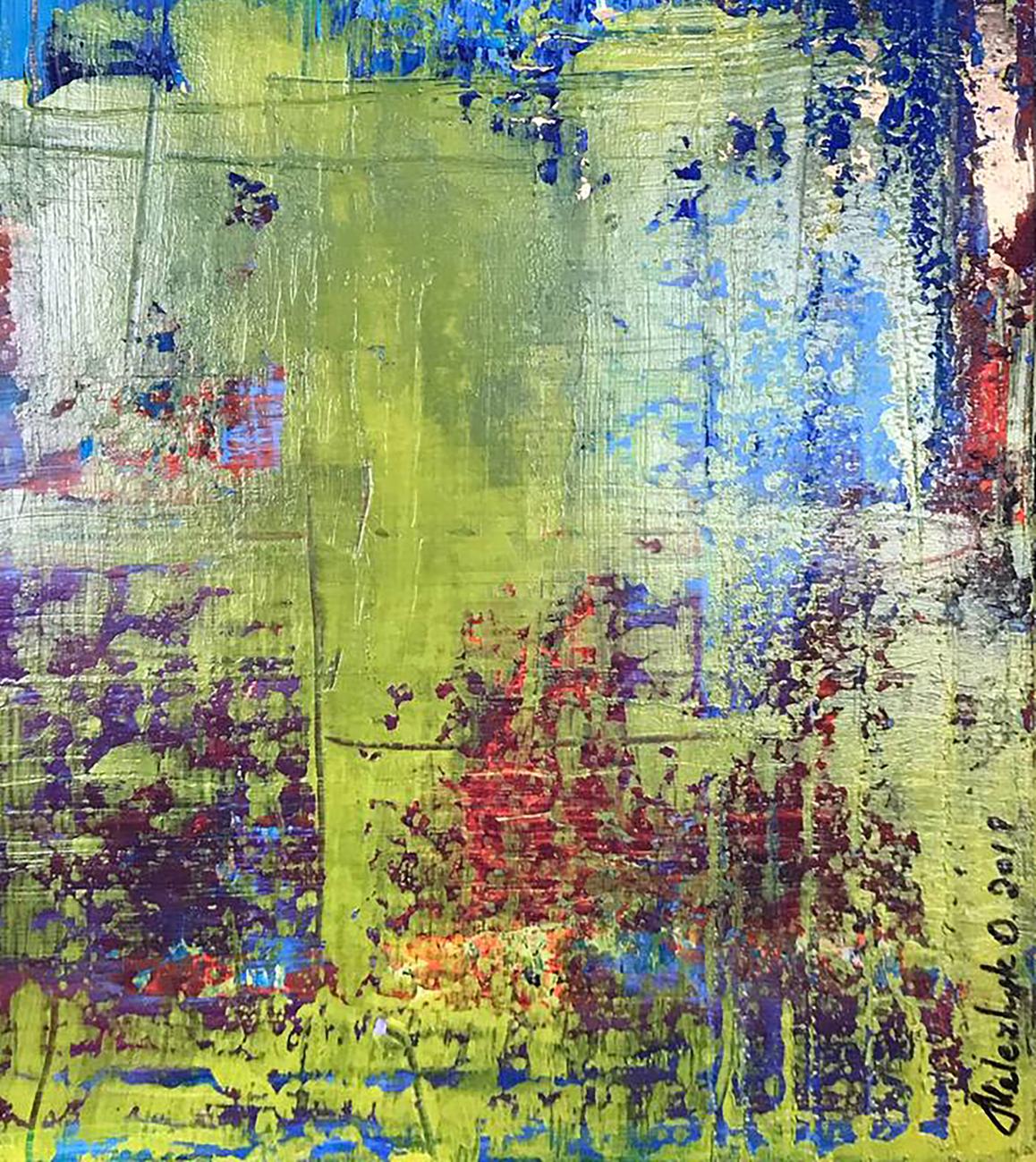 Abstract Tender Summer acrylic painting by Olga Melezhik, bold green blue strokes