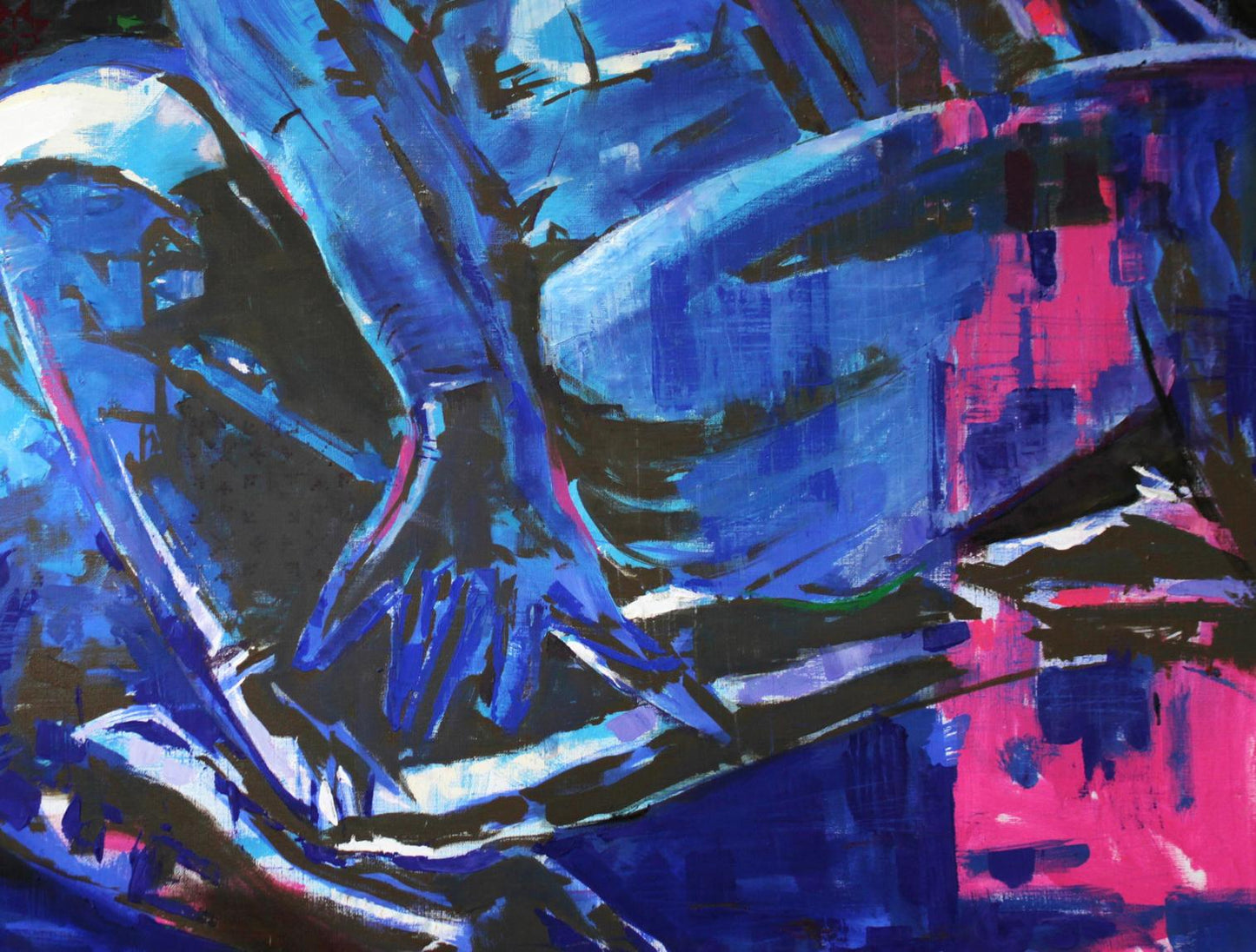 Oil painting Relax Ed Potapenkov with bold blue pink brushstrokes black accents