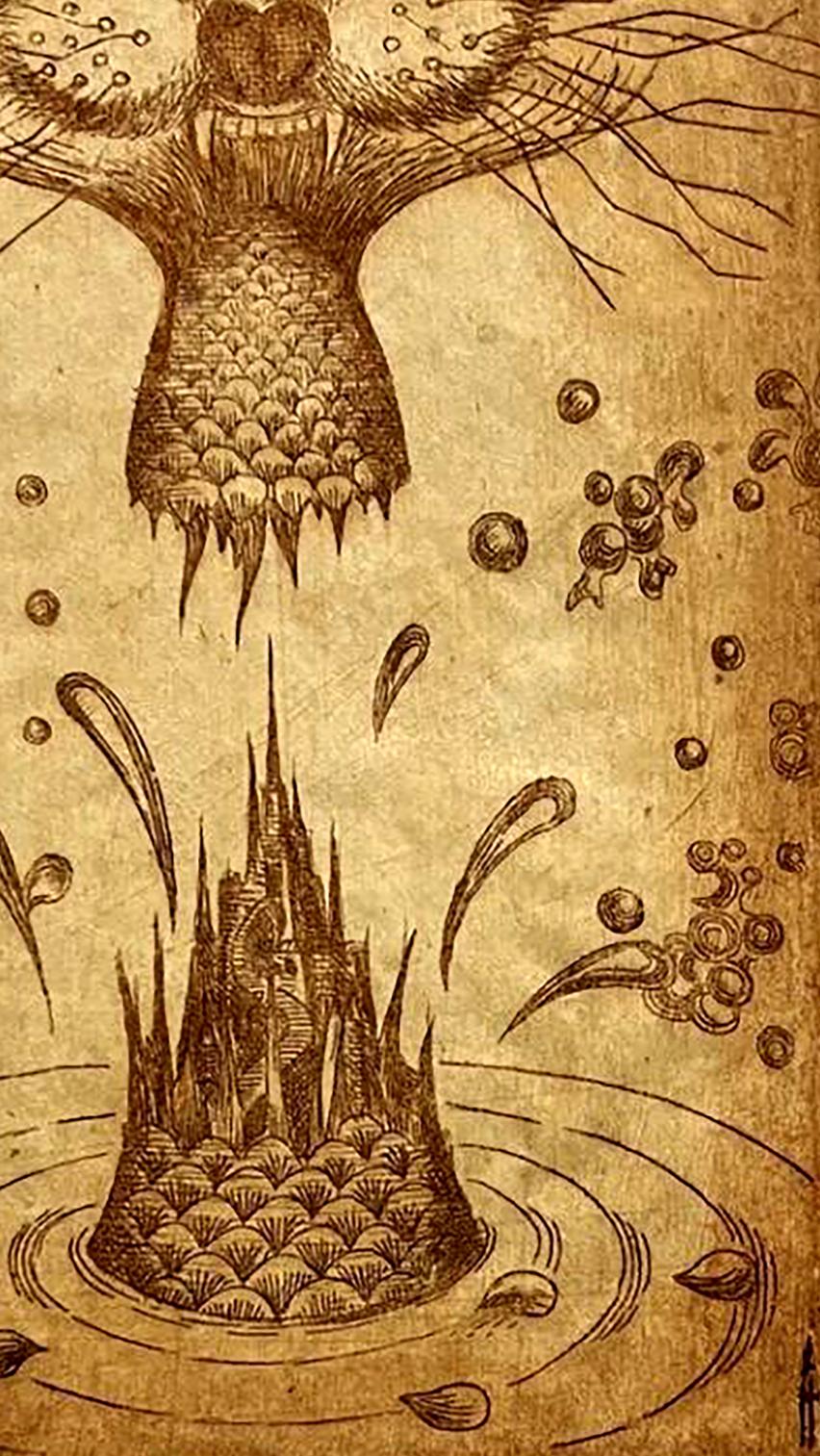 Sepia etching of winged scaly creature above Island castle by Oleksandr Zhmailo