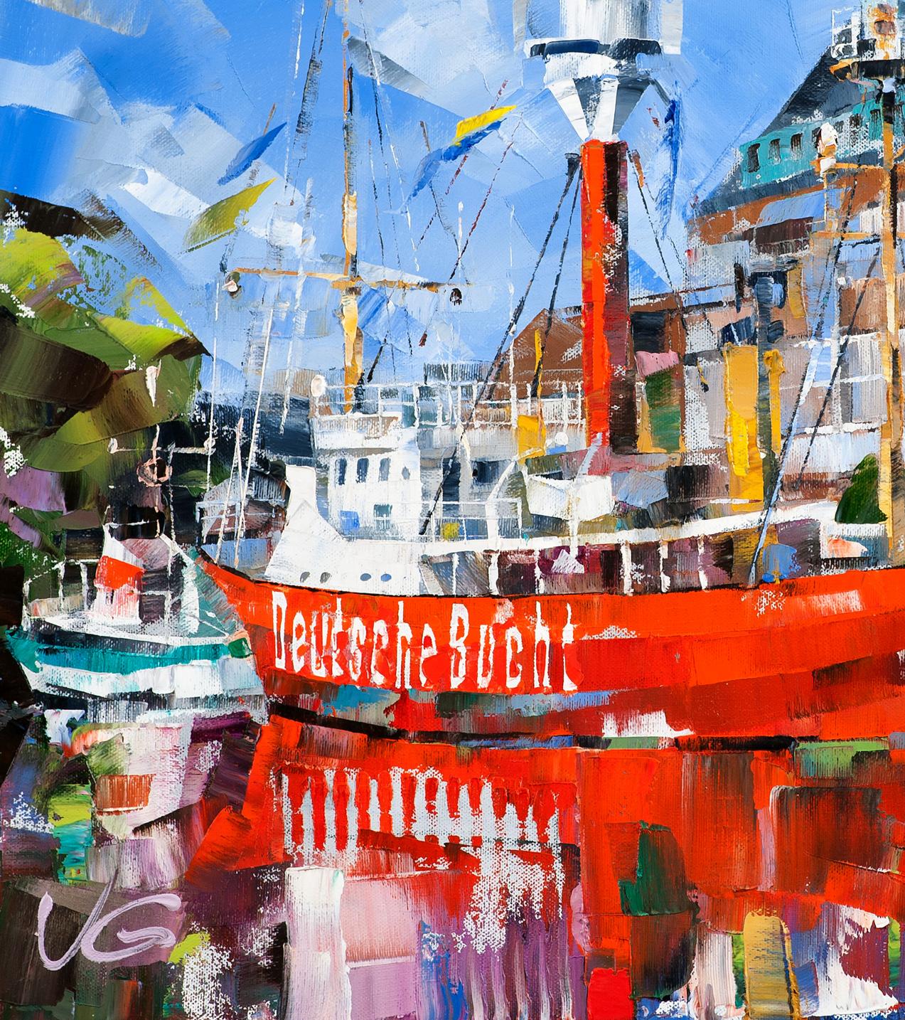 Vibrant red Deutsche Bucht ship oil painting by Volodymyr Gluhomanyuk
