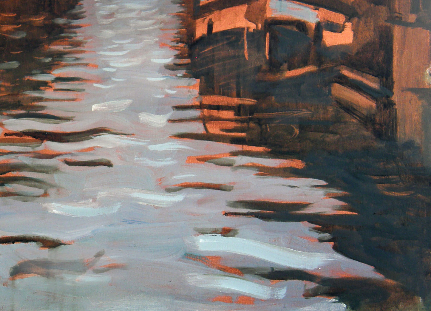 Oil painting by Ed Potapenkov: canal with orange-gray water reflections