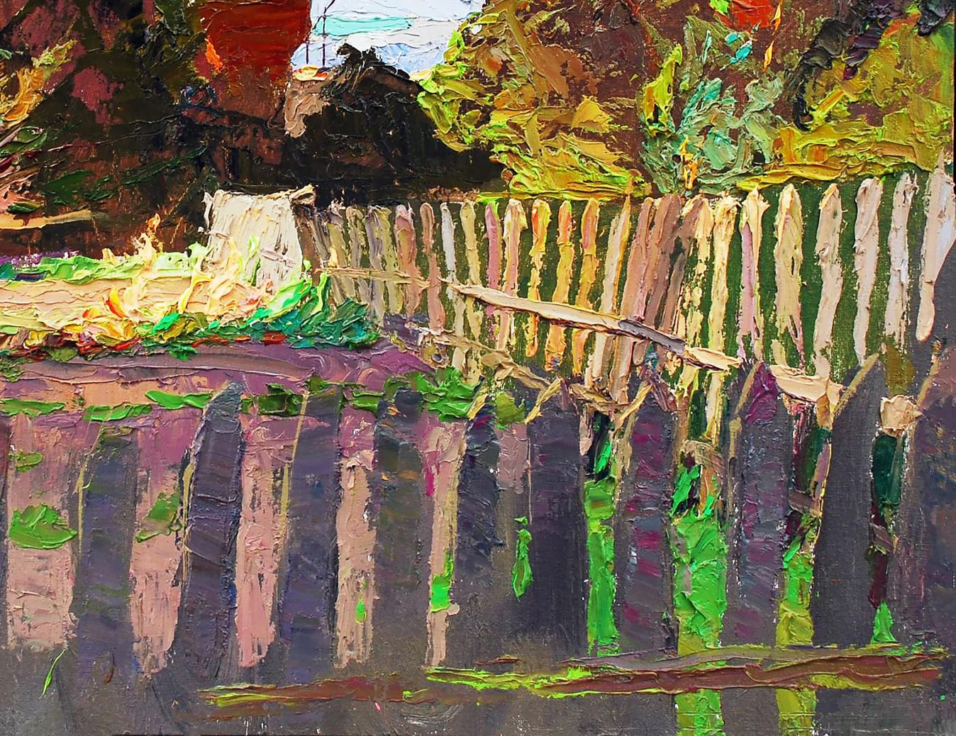 Oil painting Evening sketch by Egor Shvachunov: textured picket fence