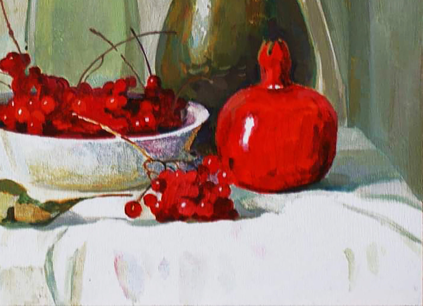 Oil painting of vibrant red pomegranate by Anastasia Yaroshevich