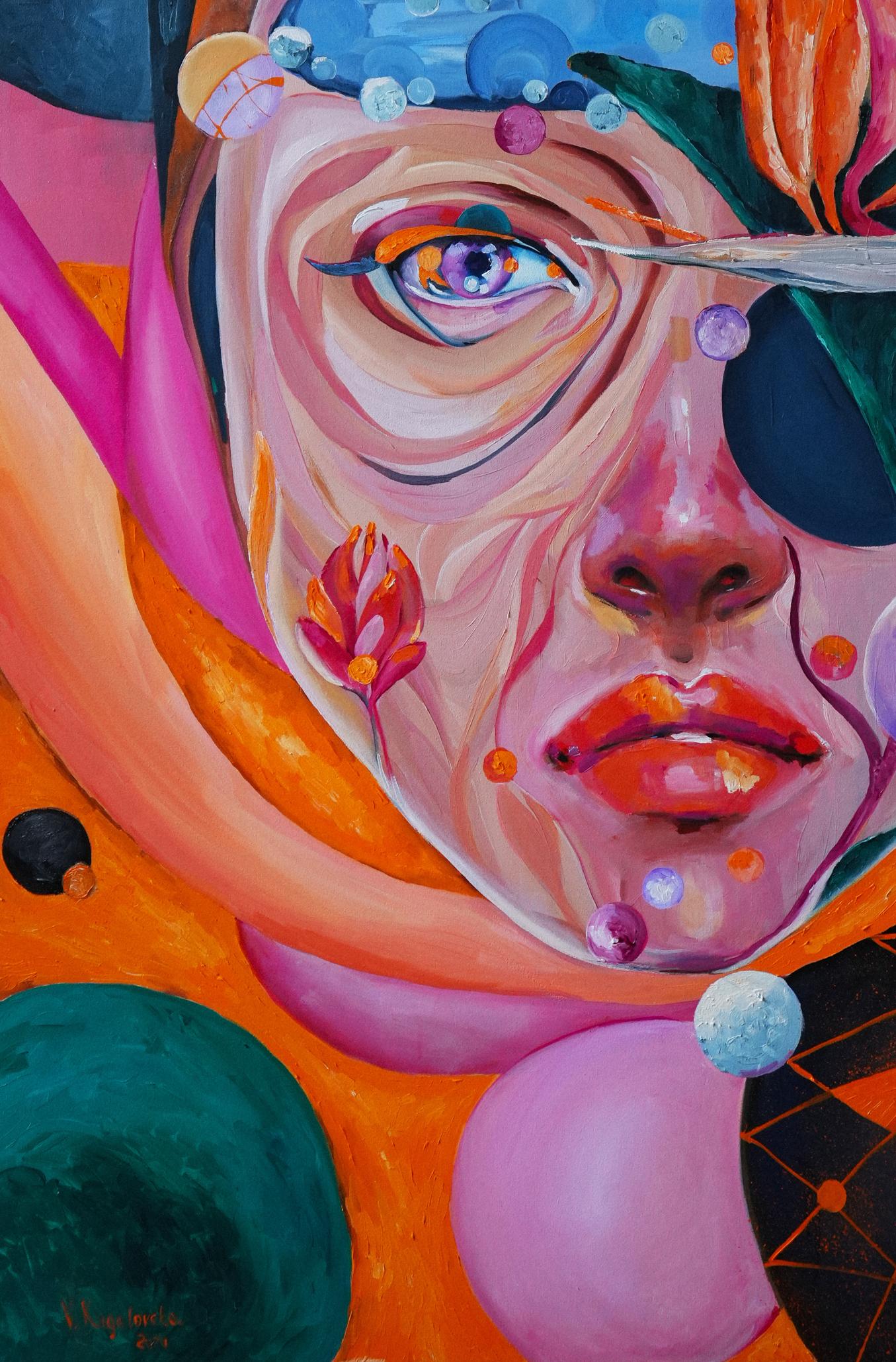 Oil painting Microcosm by Victoria Kagalovska, vibrant abstract portrait