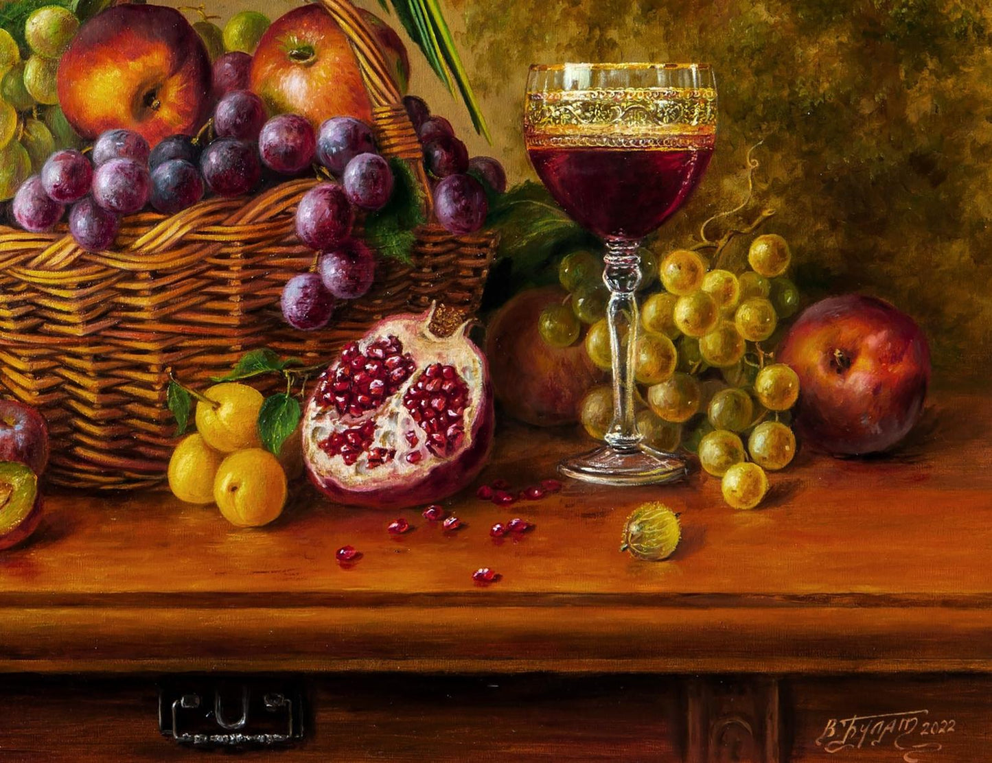 Oil painting He was green Valeriy Bulat with tall elegant gold-rimmed wine glass of deep red wine