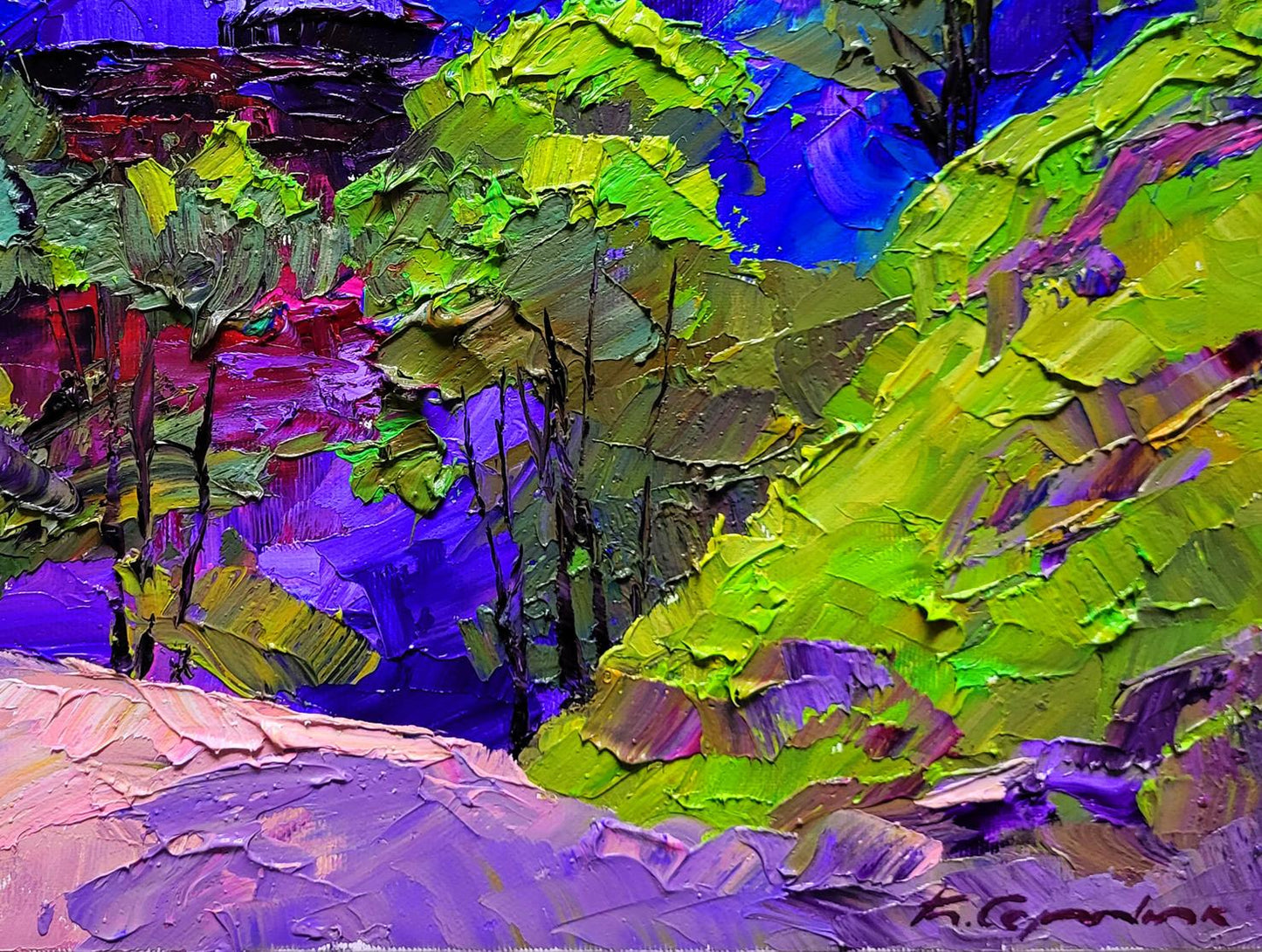Vibrant impressionist oil painting of mountains by Boris Serdyuk