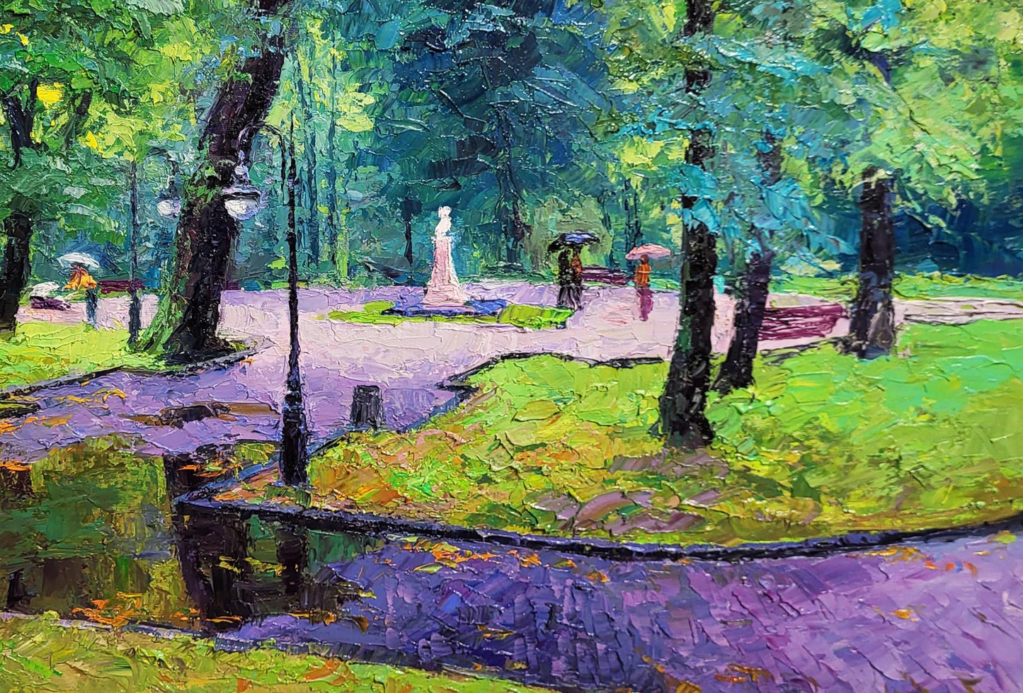 Vibrant impressionist oil painting of city park by Boris Serdyuk