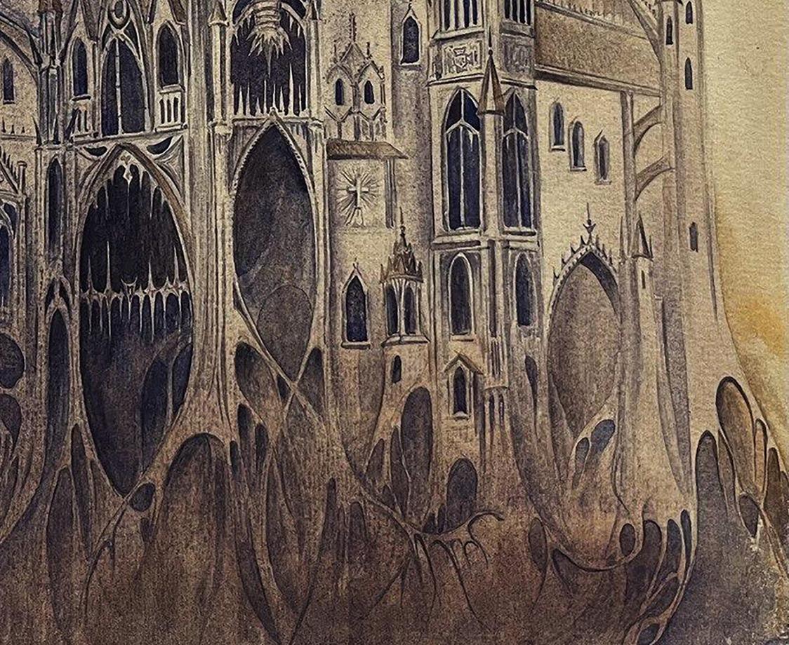 Haunting gothic cathedral watercolor by Dmytro Startsev Inquisition