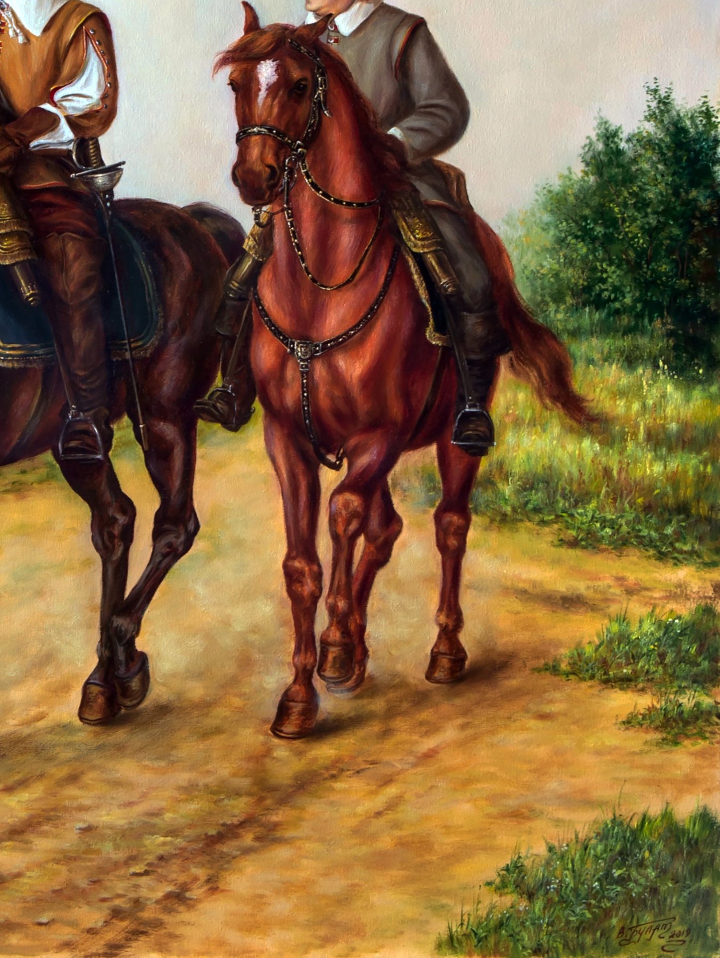 Oil painting Provincial air Valeriy Bulat: chestnut horse with glossy coat and rider