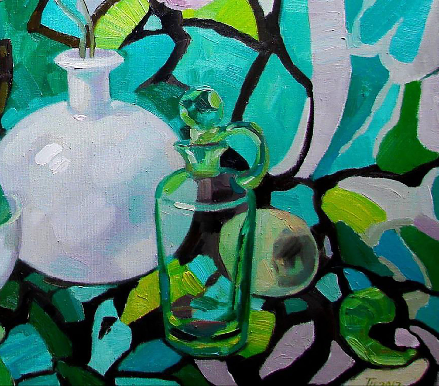Oil painting Emerald still life Tatyana Shulyak: translucent green glass decanter