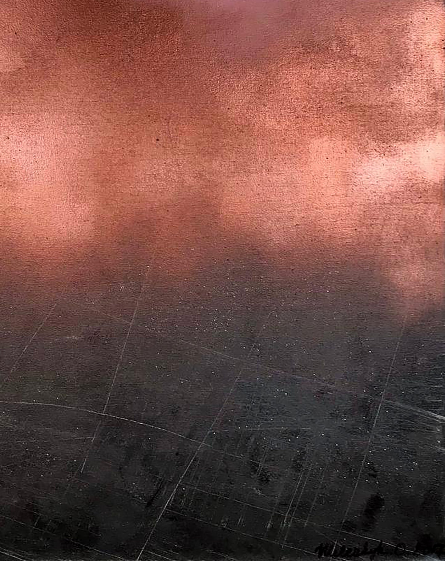 Morning fog abstract painting with coppery-orange gradient and textured dark tones