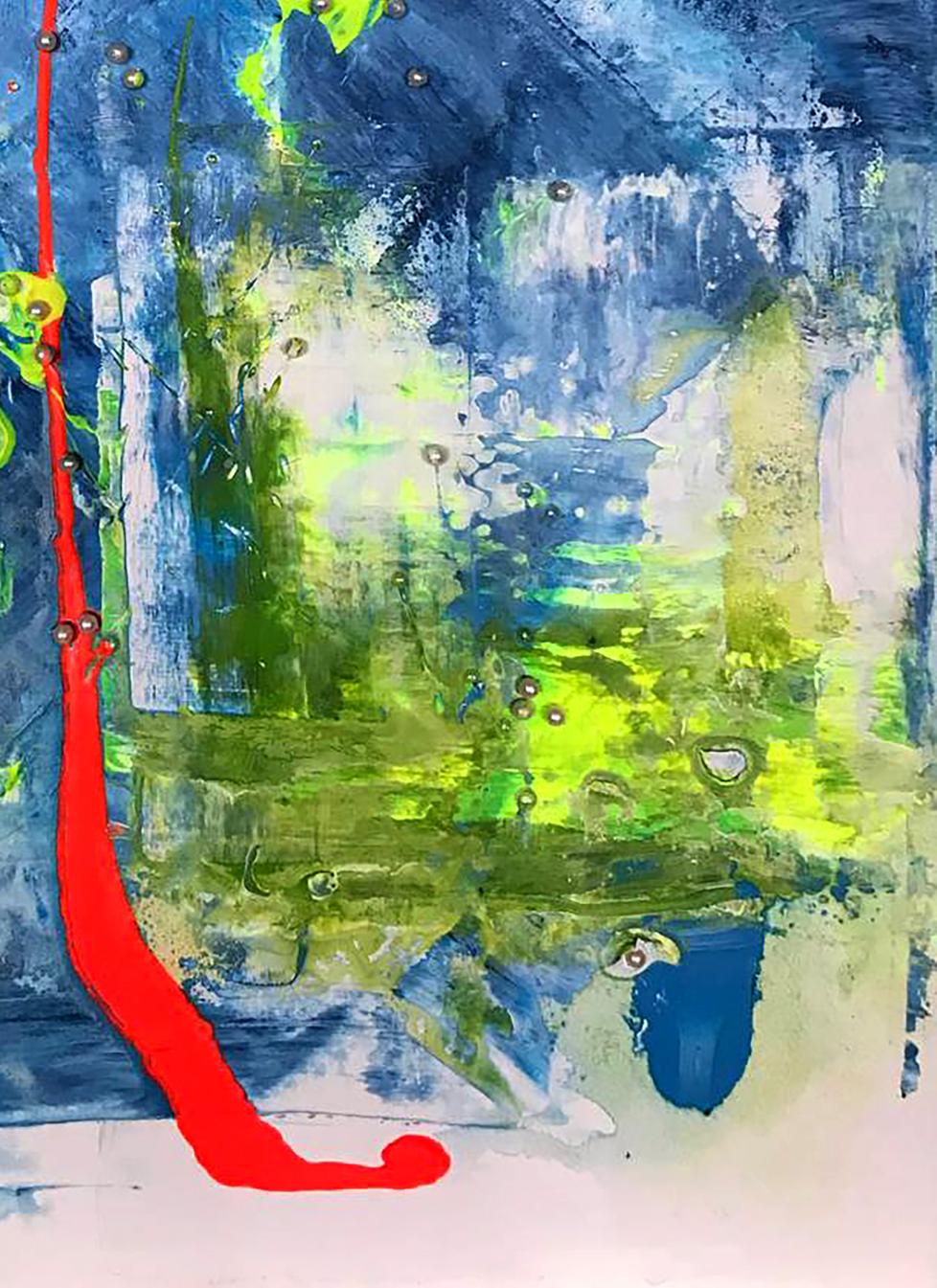 Abstract acrylic painting Torn beads by Olga Melezhik with bold blue green yellow strokes and red streak
