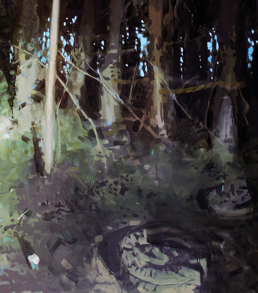 Oil painting Outskirts Ed Potapenkov: dark textured forest floor with leaves twigs