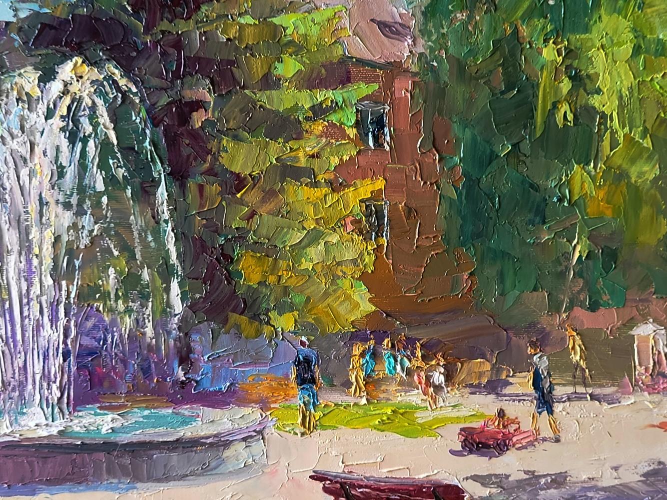 Vibrant impressionist oil painting by Boris Serdyuk: sunlit city park with fountain