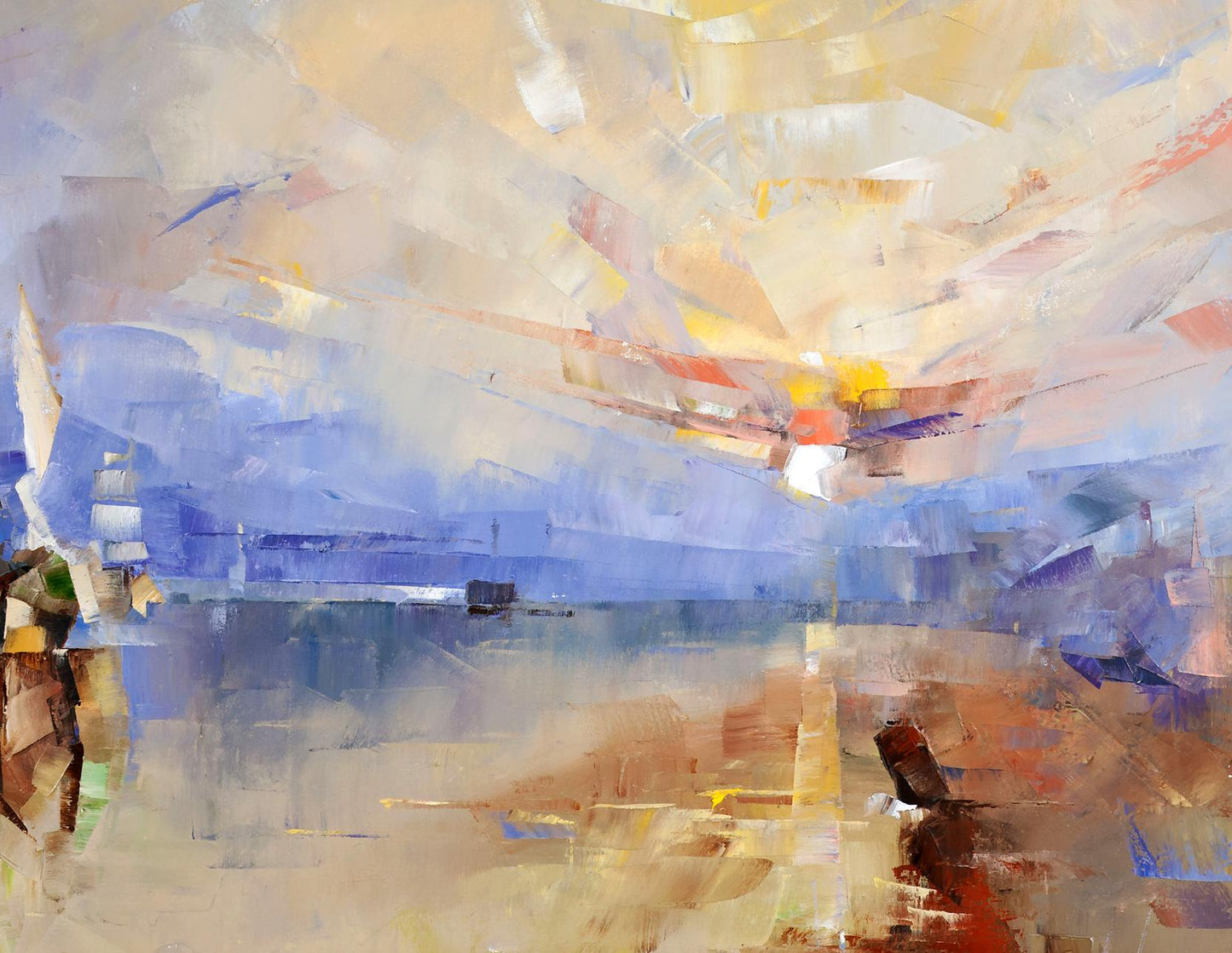 Oil painting Shining Volodymyr Gluhomanyuk with blue beige ship silhouette