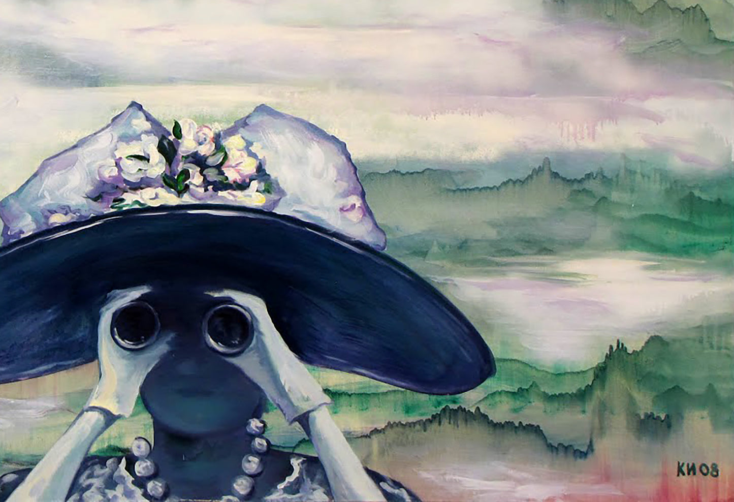 Dark blue wide-brimmed hat with white pink flowers in Igor Konovalov oil painting