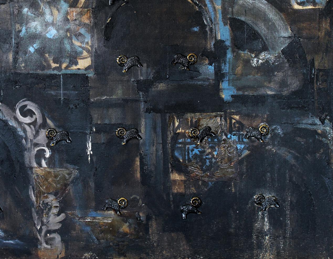 Black ram knobs with gold horns on Oil painting City under siege Ed Potapenkov