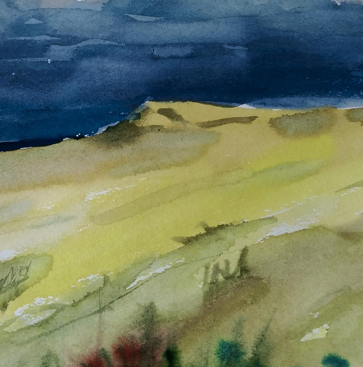 Watercolor painting of yellow field under blue sky by Vitaly Duhnevich