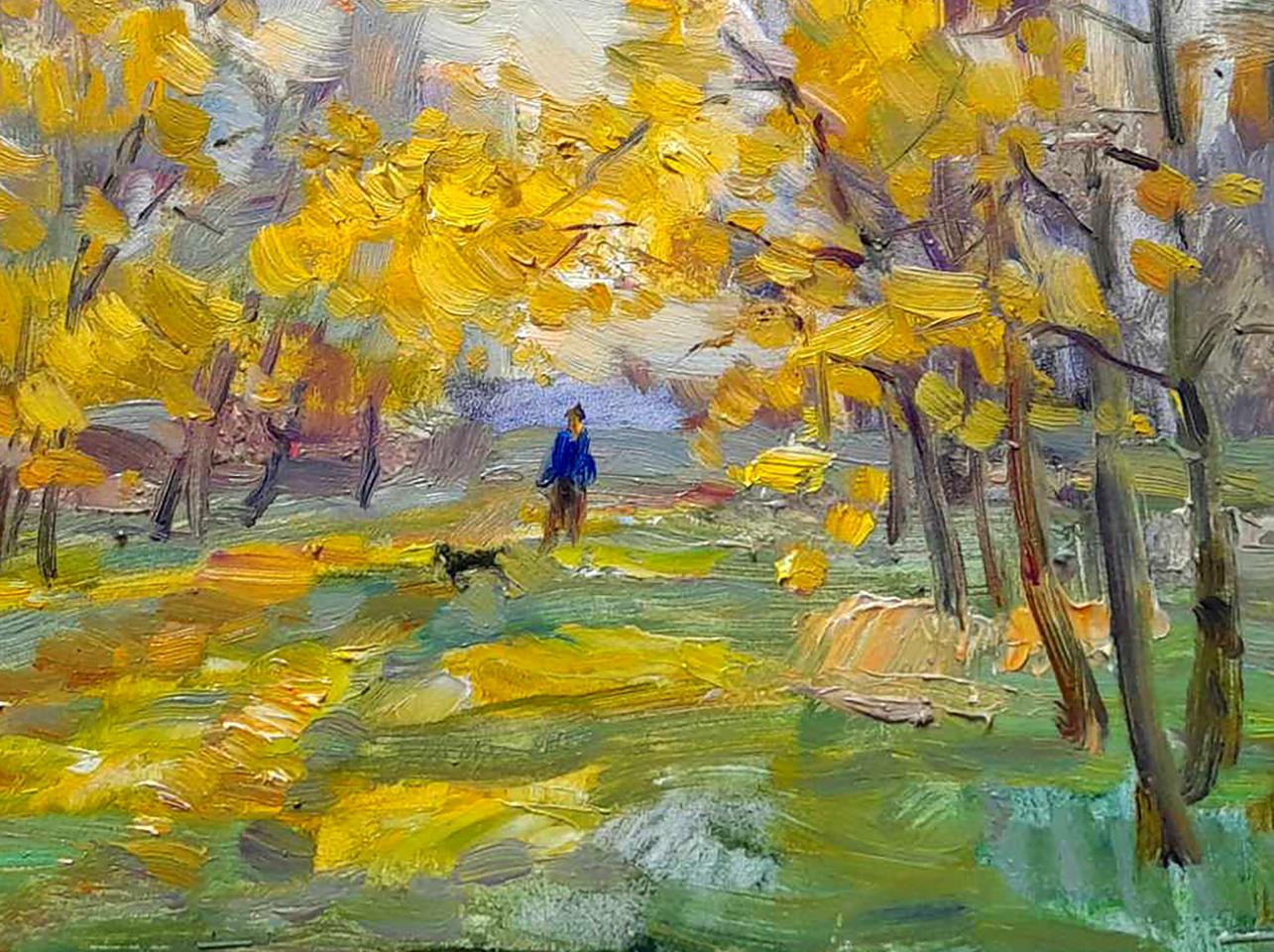 Vibrant impressionist Oi painting On Fallen Leaves by Ivan Kovalenko: person in blue walks autumn forest