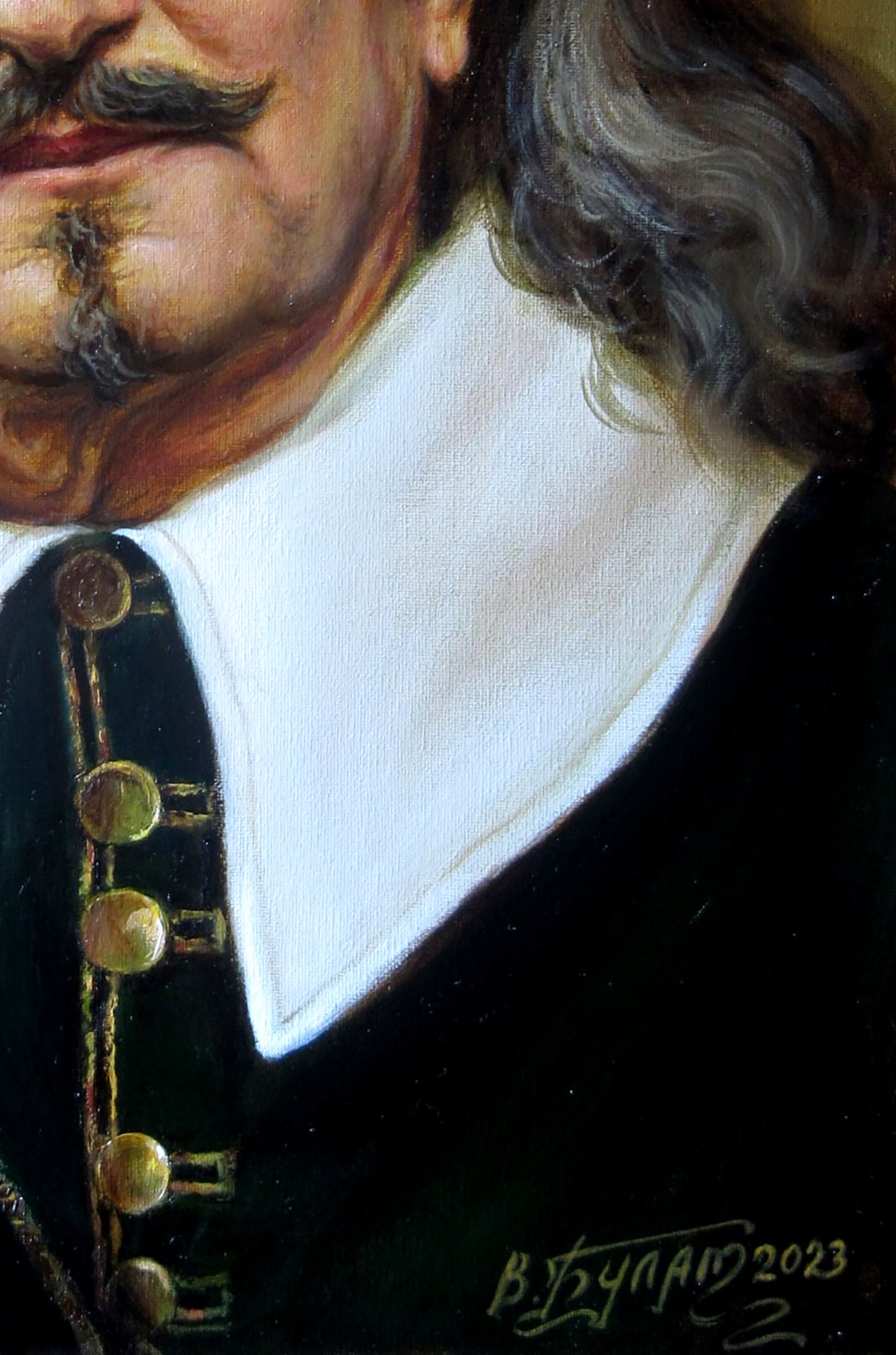 Oil painting of dark green velvet jacket with gold buttons by Valeriy Bulat
