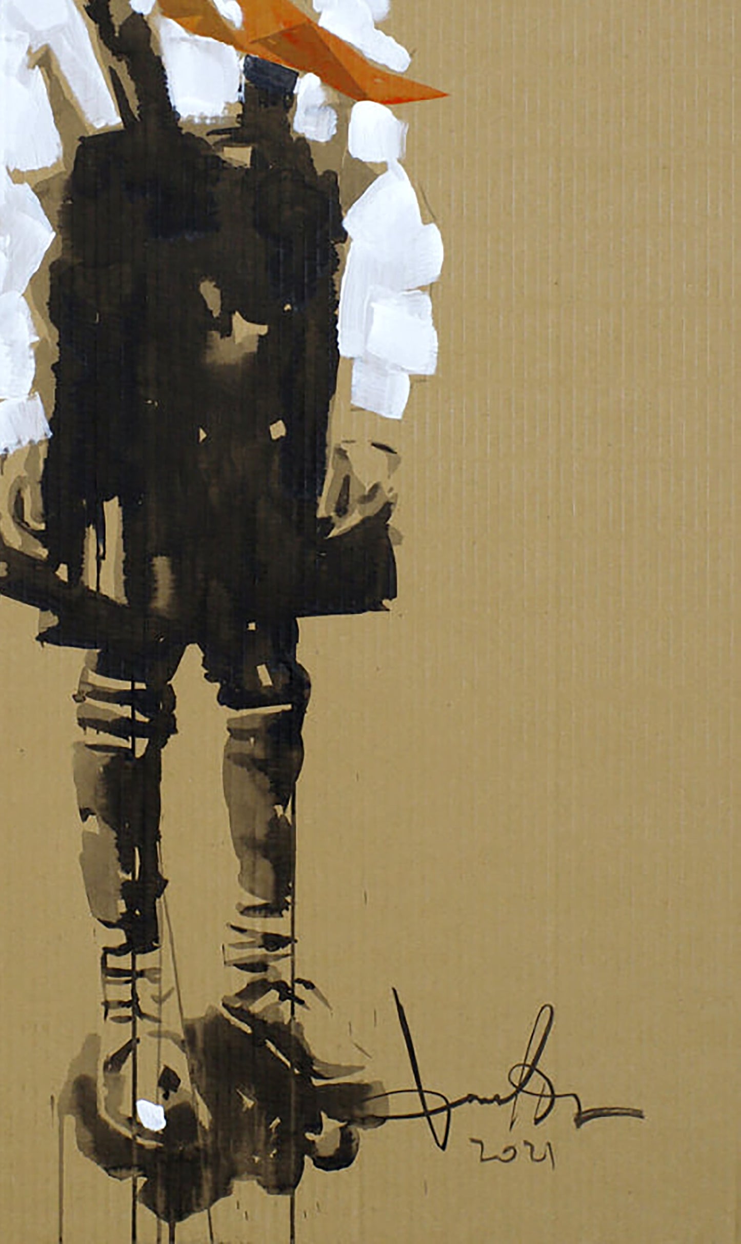 Abstract black and white painted figure with orange head accent by Dima Filatov