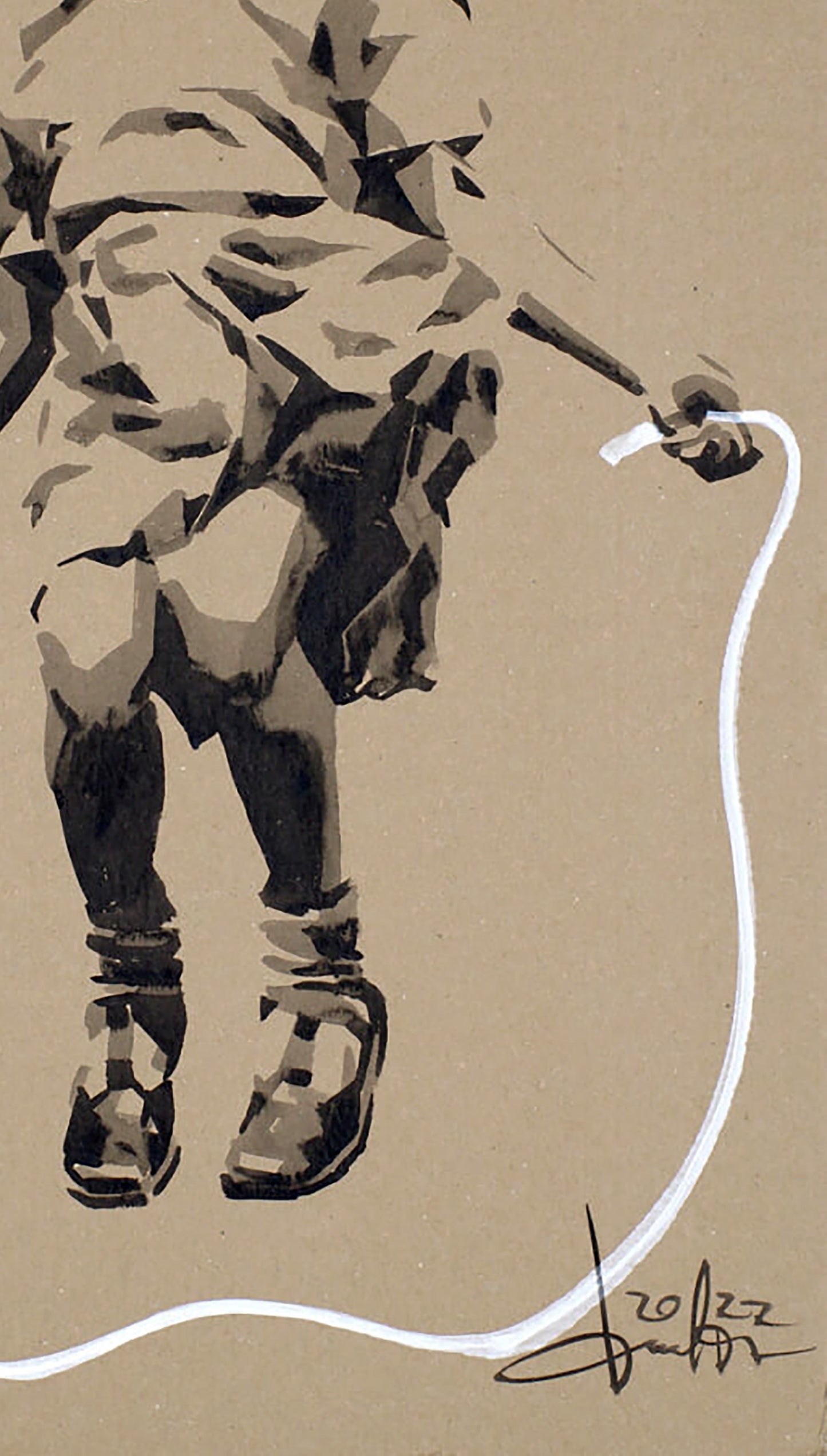 Stylized black beige acrylic painting of girl jumping rope by Dima Filatov