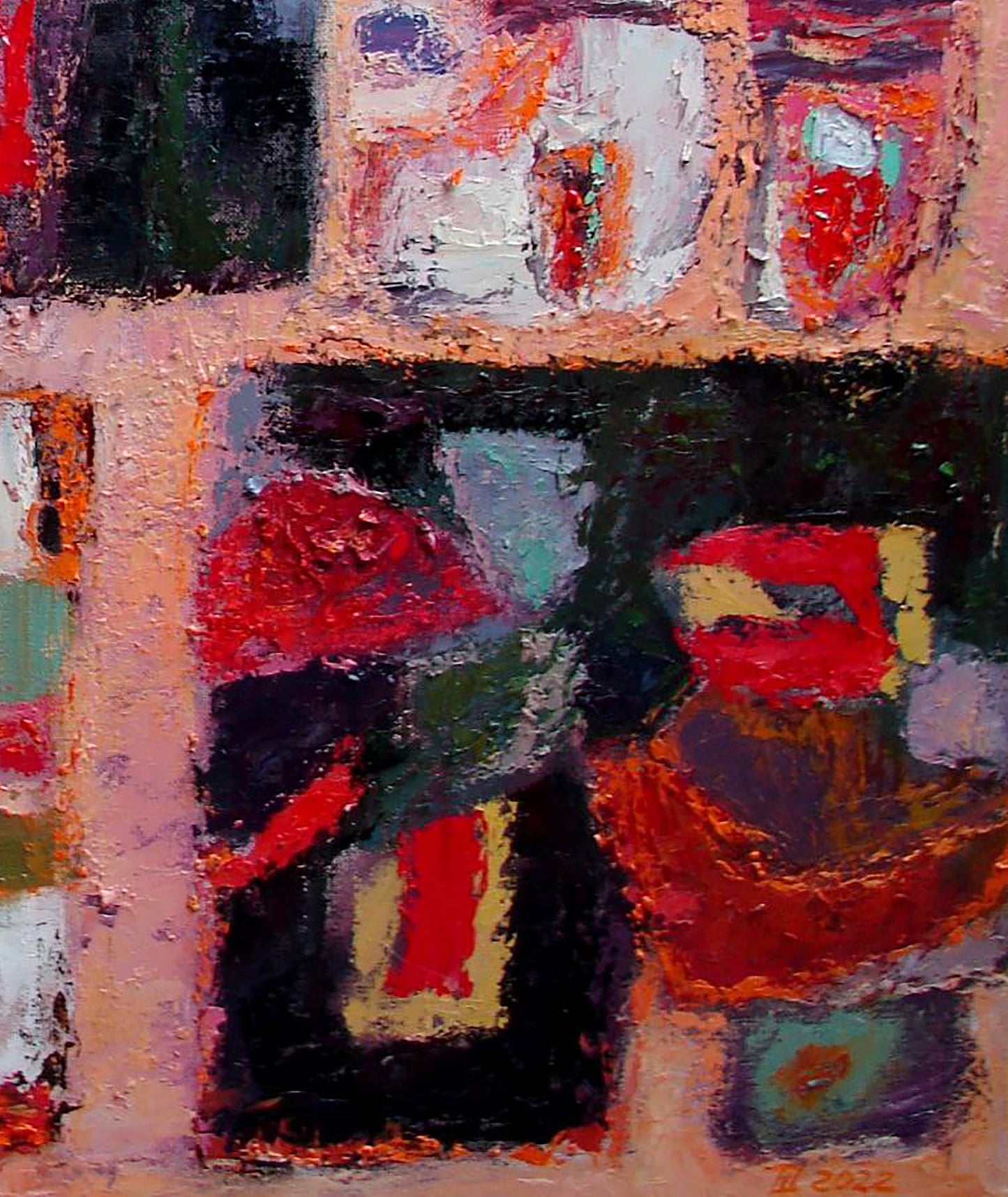 Oil painting Patchwork by Tatyana Shulyak with bold red orange purple strokes