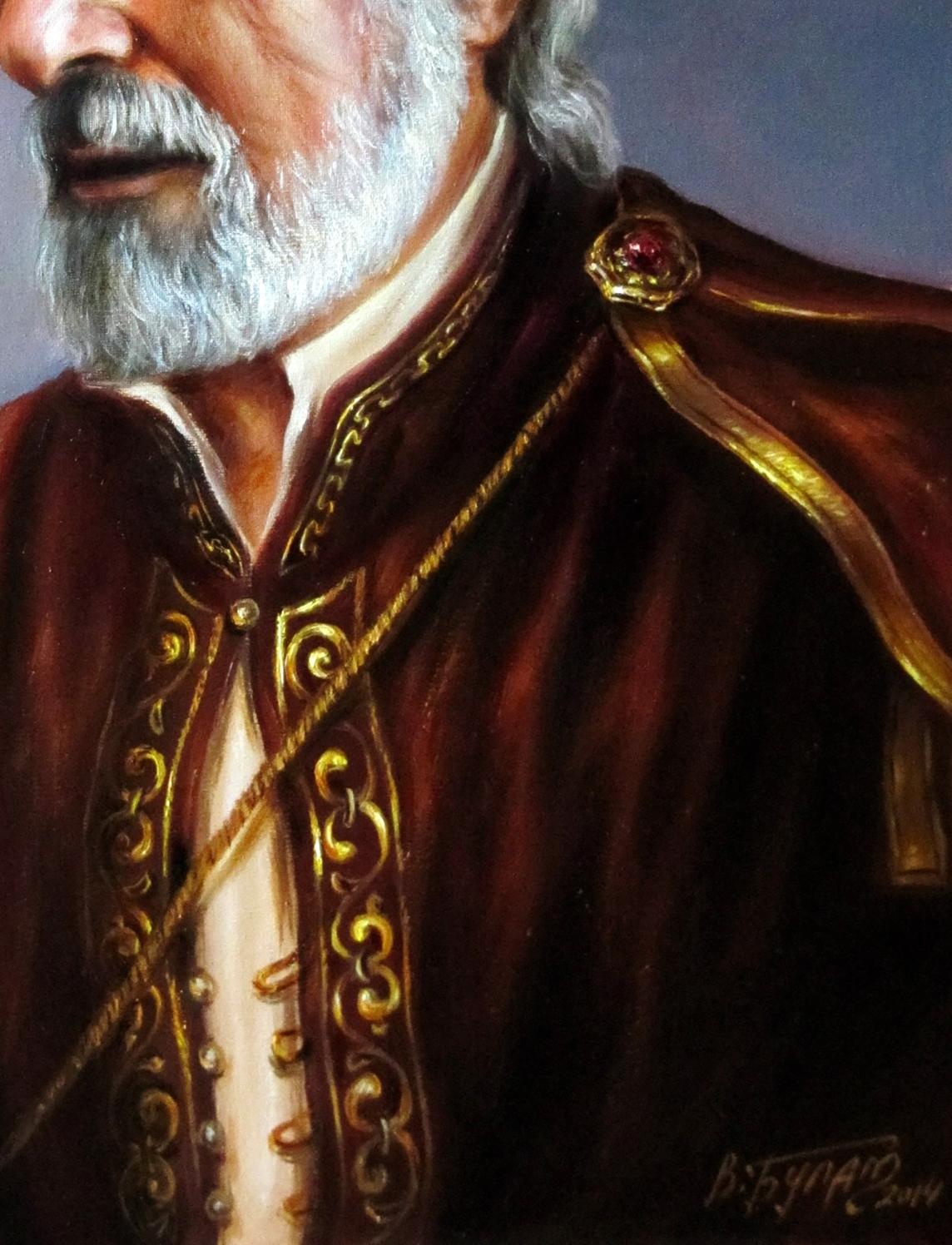 Oil painting The Merchant of Venice Valeriy Bulat: burgundy velvet jacket with gold embroidery and red gemstone brooch