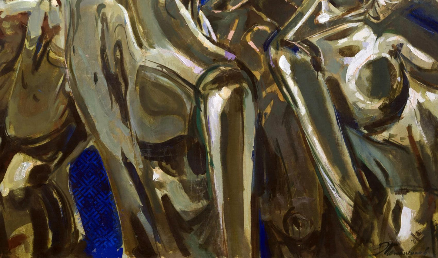 Abstract gold silver acrylic painting by Ed Potapenkov with blue accents