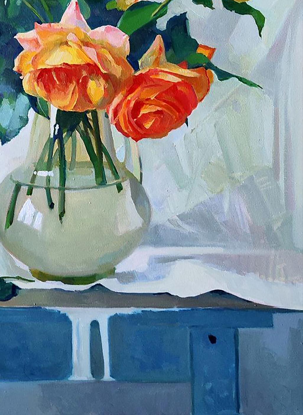 Oil painting of vibrant orange and pink roses by Anastasia Yaroshevich