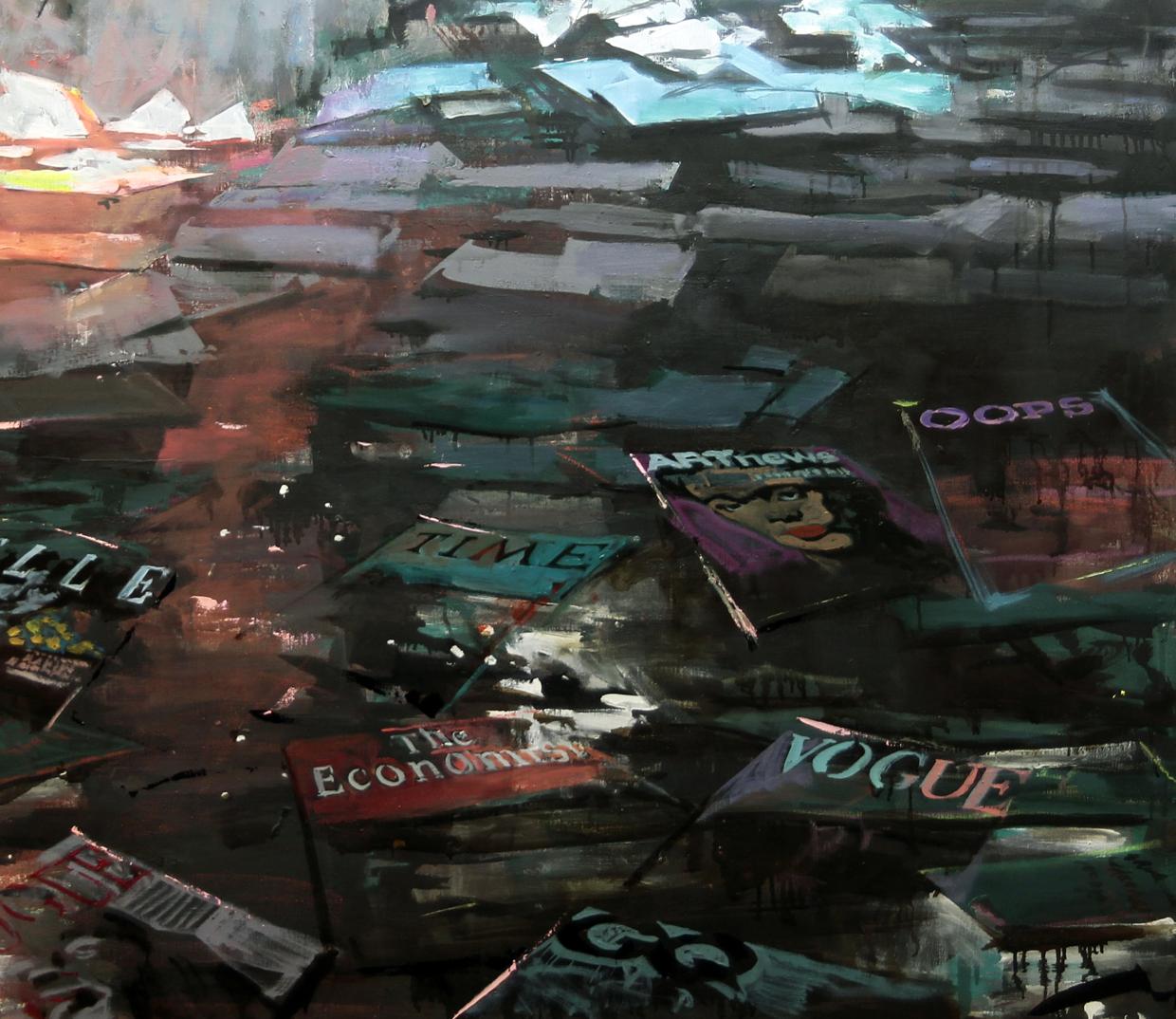 Oil painting Wave Ed Potapenkov collage of glossy magazine covers in dark reflective pool