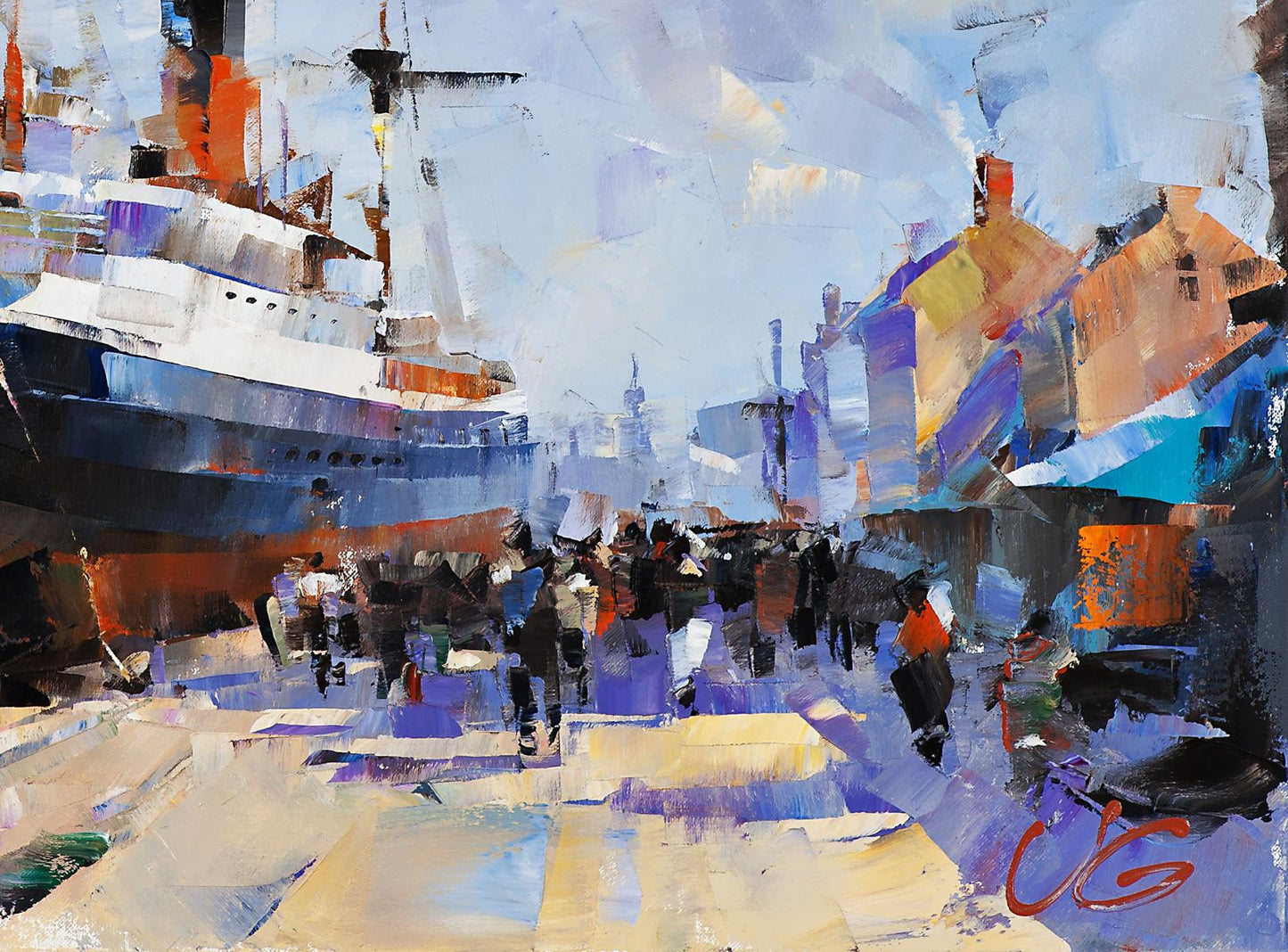Vibrant impressionistic oil painting of bustling harbor by Volodymyr Gluhomanyuk
