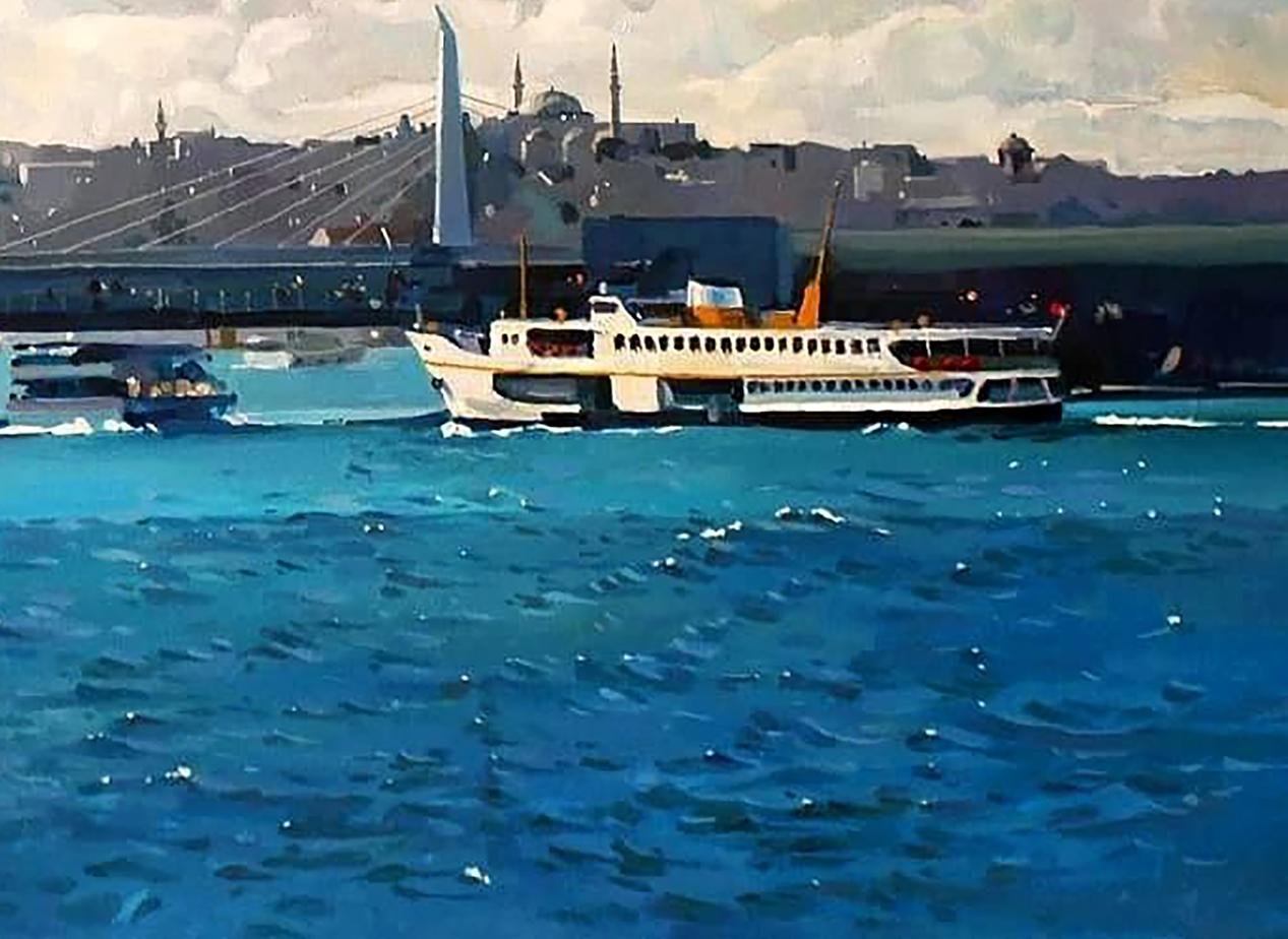 Oil painting by Anastasia Yaroshevich: white orange ferry on blue waters