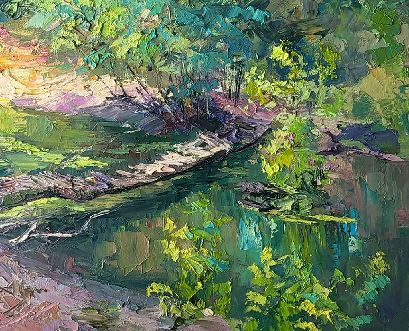 Oil painting of Boris Serdyuk bridge over reflective stream with log