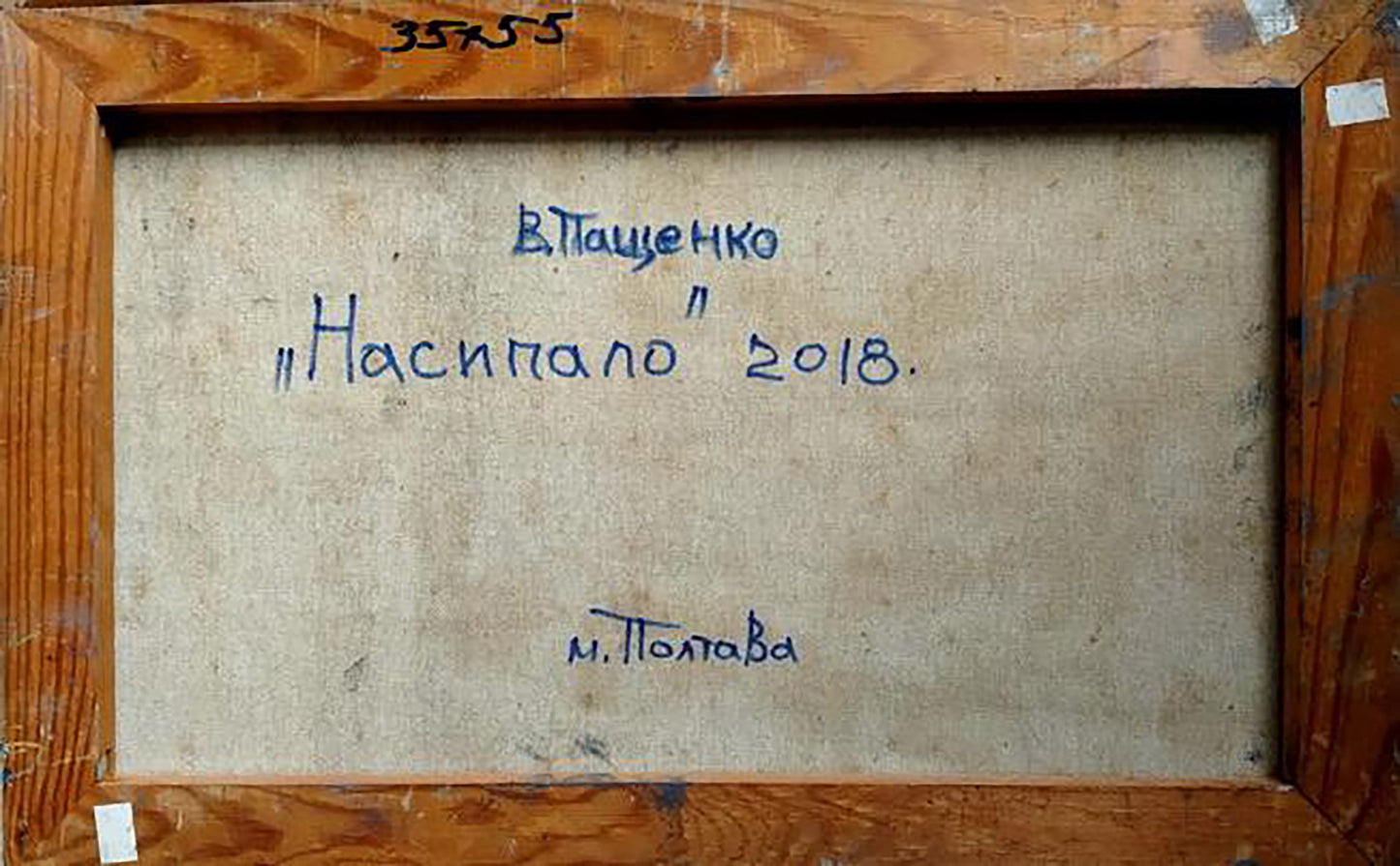 Back of wooden-framed Oil painting It poured by Volodymyr Pashchenko