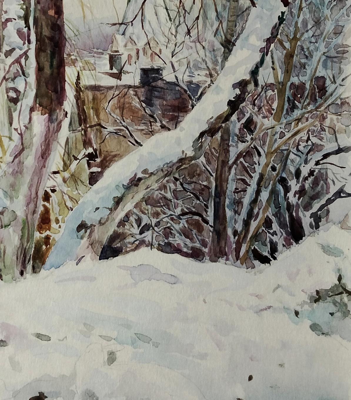 Snow-covered trees and winter church by Vitaly Duhnevich watercolor