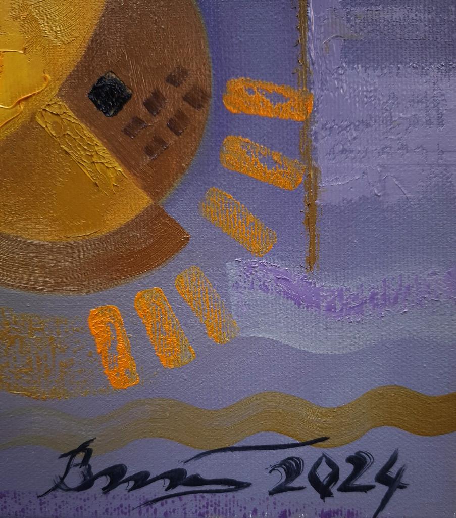 Oil painting Light lines by Sergiy Voichenko, golden sun on lavender, signed bran 2024