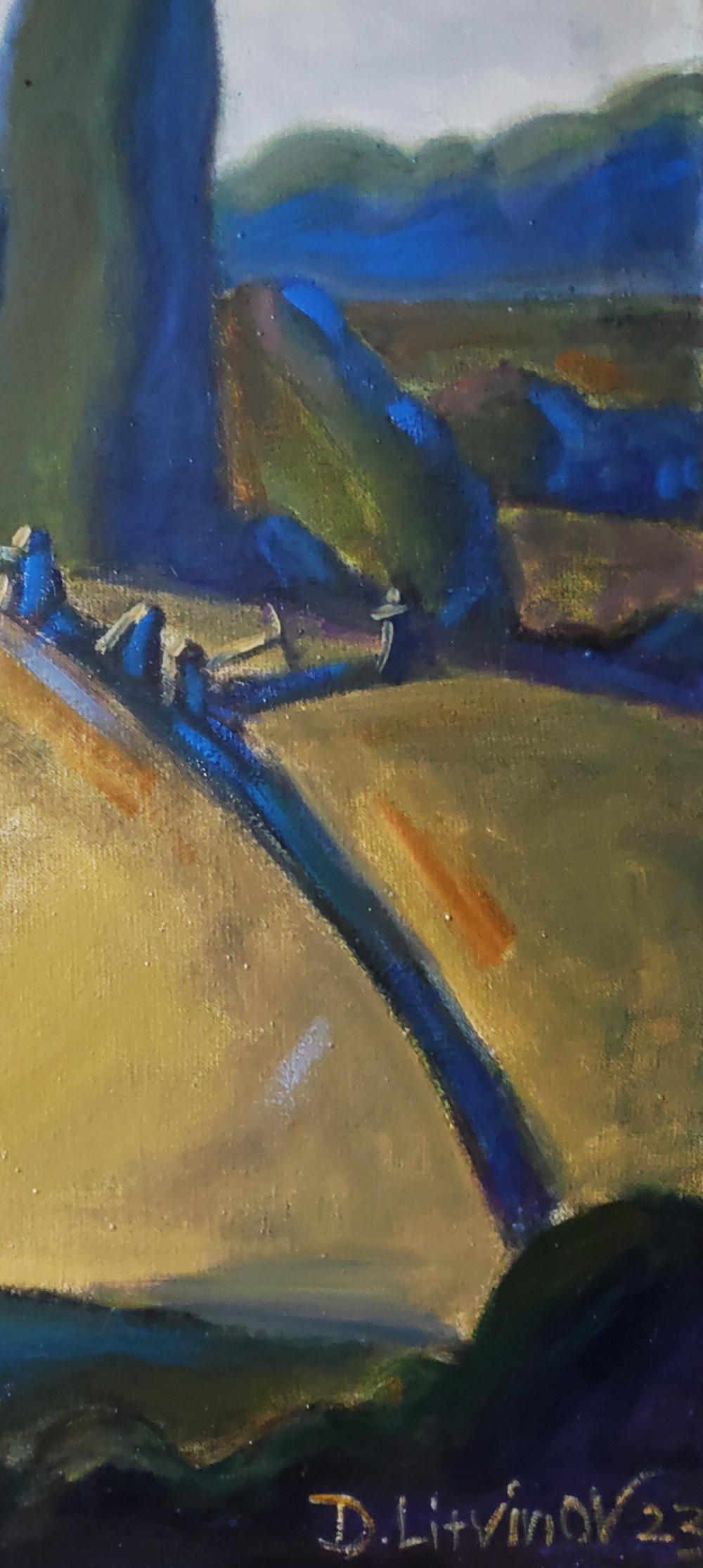 Oil painting Faina Ukraine by Daniil Litvinov, abstract blue ochre landscape