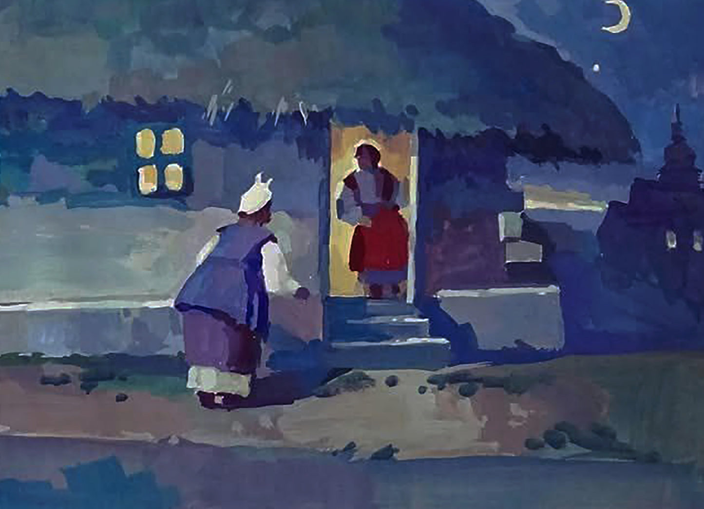 Gouache painting August Twilight by Anastasia Yaroshevich: warmly lit village doorway at night