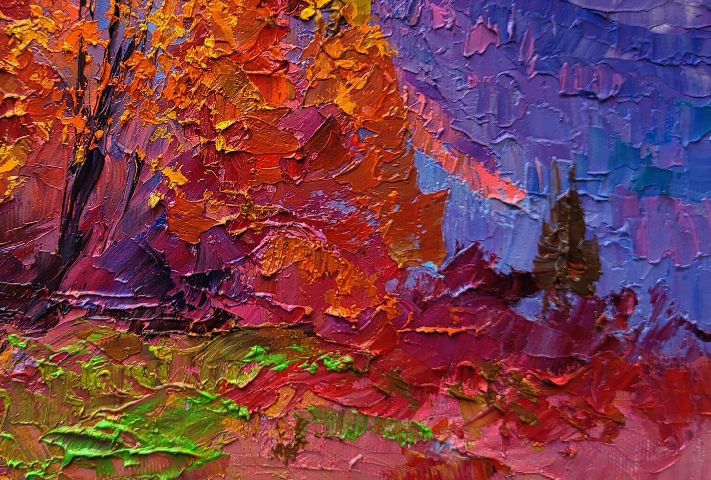 Vibrant oil painting Autumn is crimson by Boris Serdyuk with bold reds and oranges