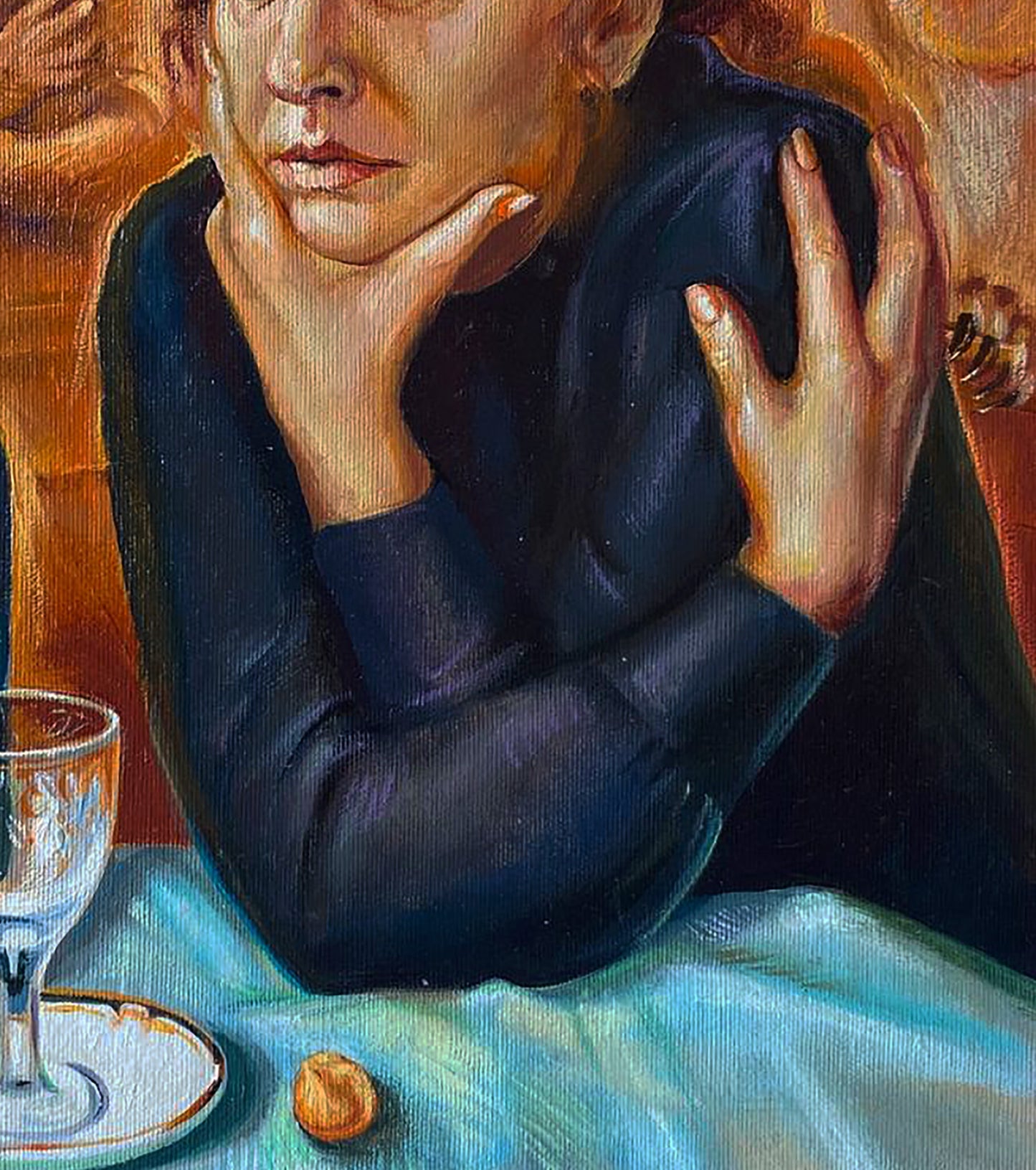Oil painting After absinthe by Natalia Bulat: woman resting head on hand