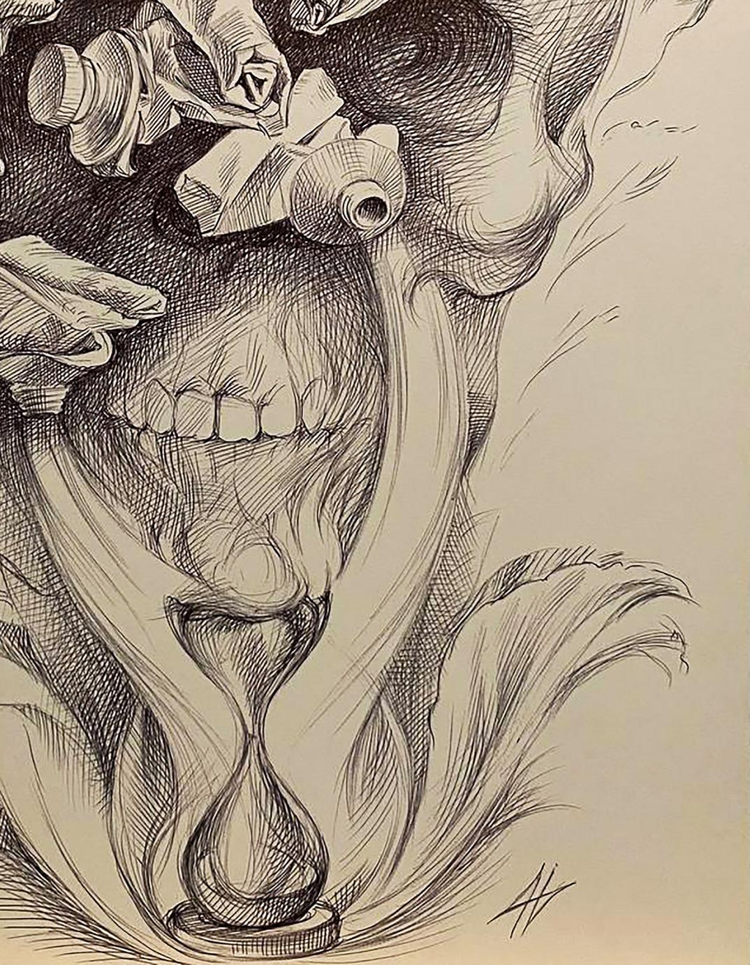 Pen painting by Natalia Bulat: skull with hourglass, paper, fabric sketch