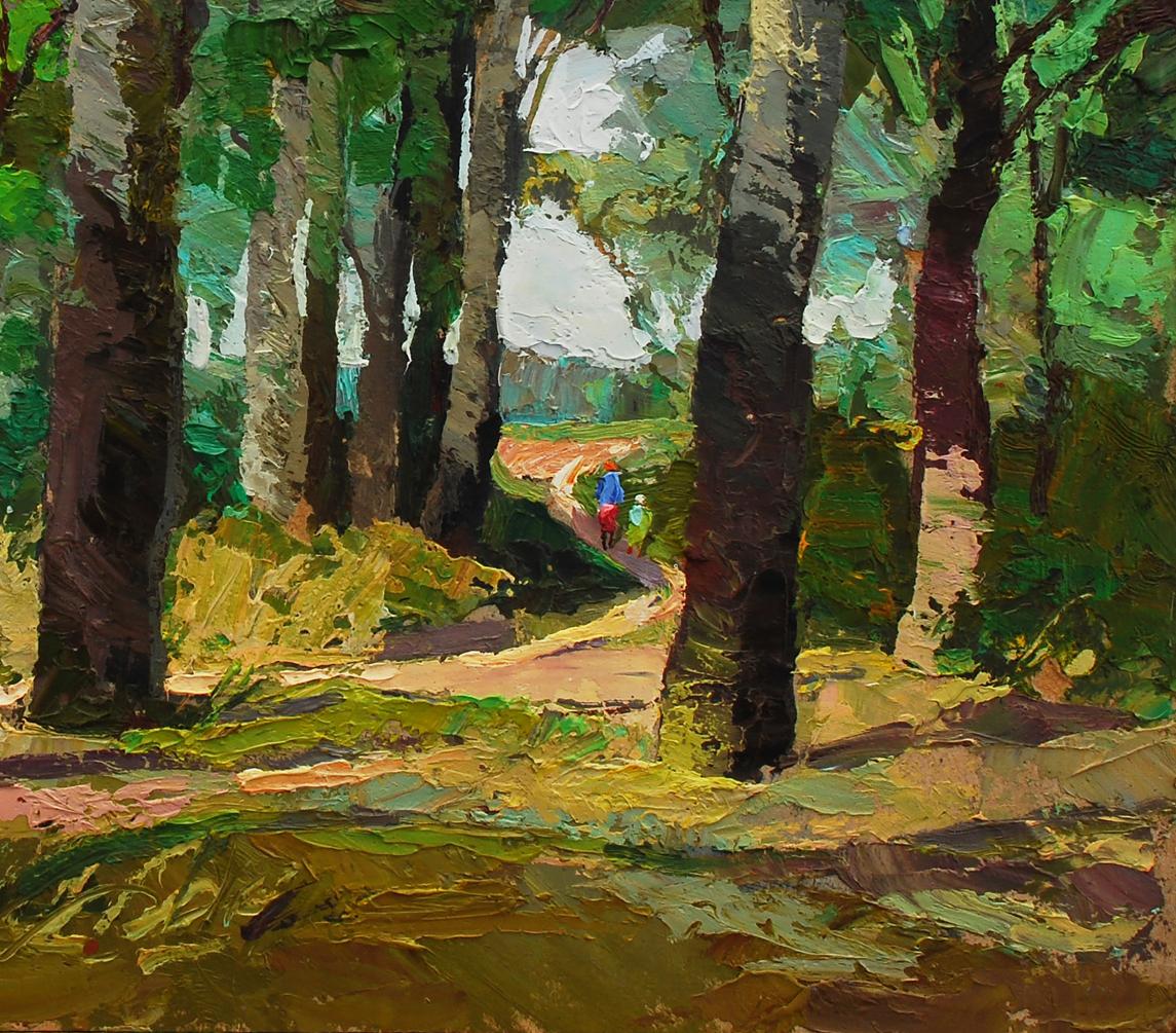Vibrant impressionist oil painting of Aspen forest path by Egor Shvachunov